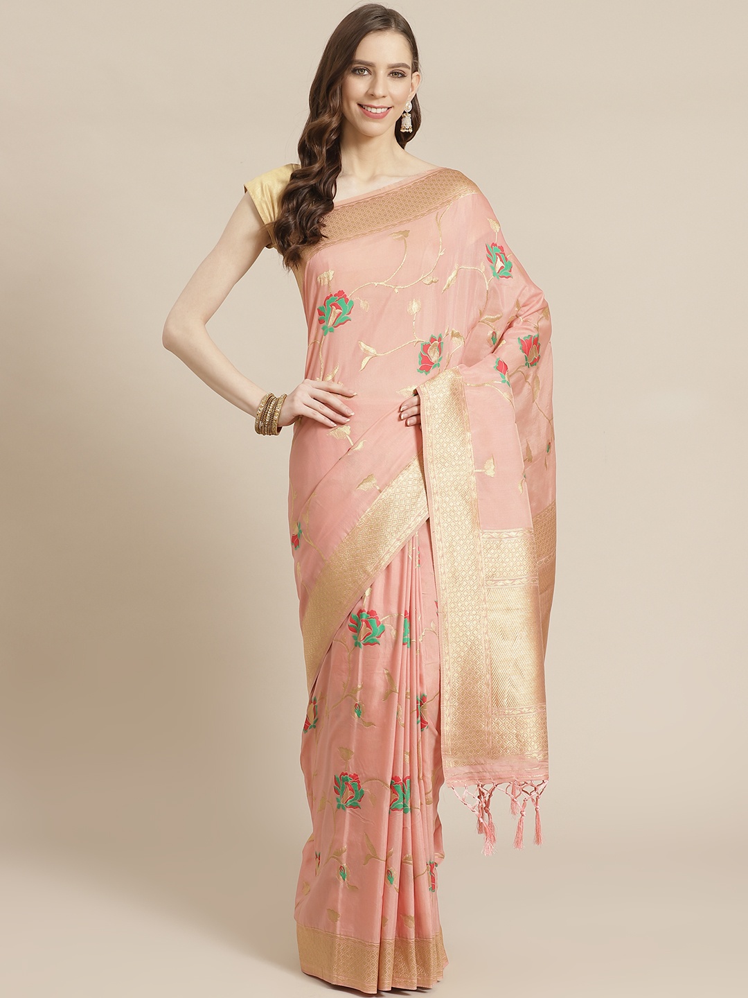 

Mitera Peach-Coloured Golden Woven Design Liva Saree