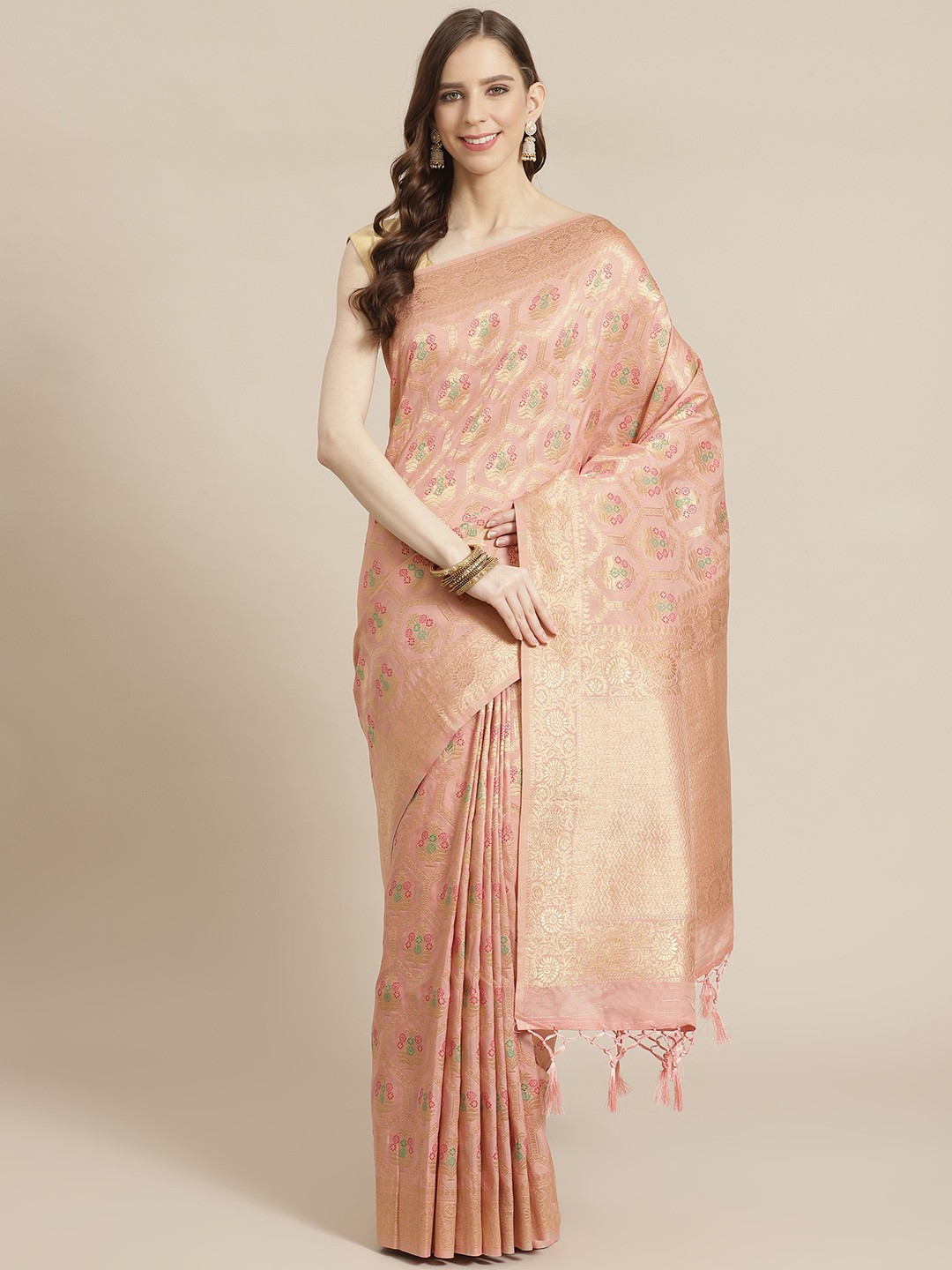 

Mitera Peach-Coloured Golden Woven Design Liva Saree