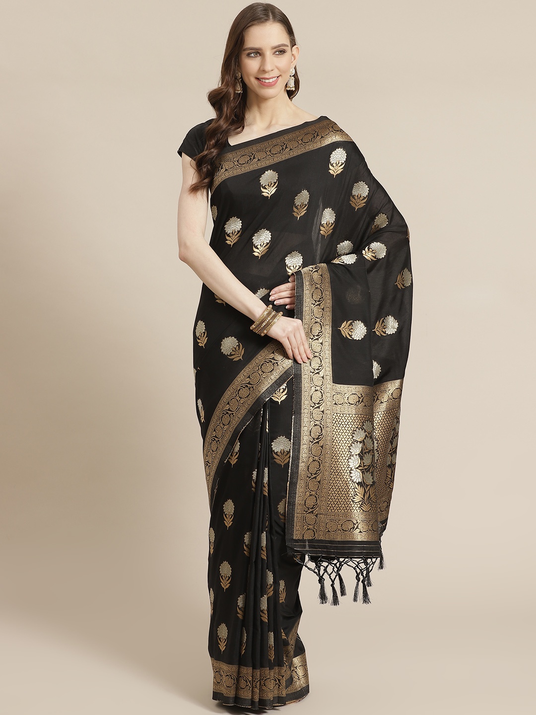 

Mitera Black Golden Silk Blend Ethnic Motifs Zari Woven Design Celebrity Liva Saree