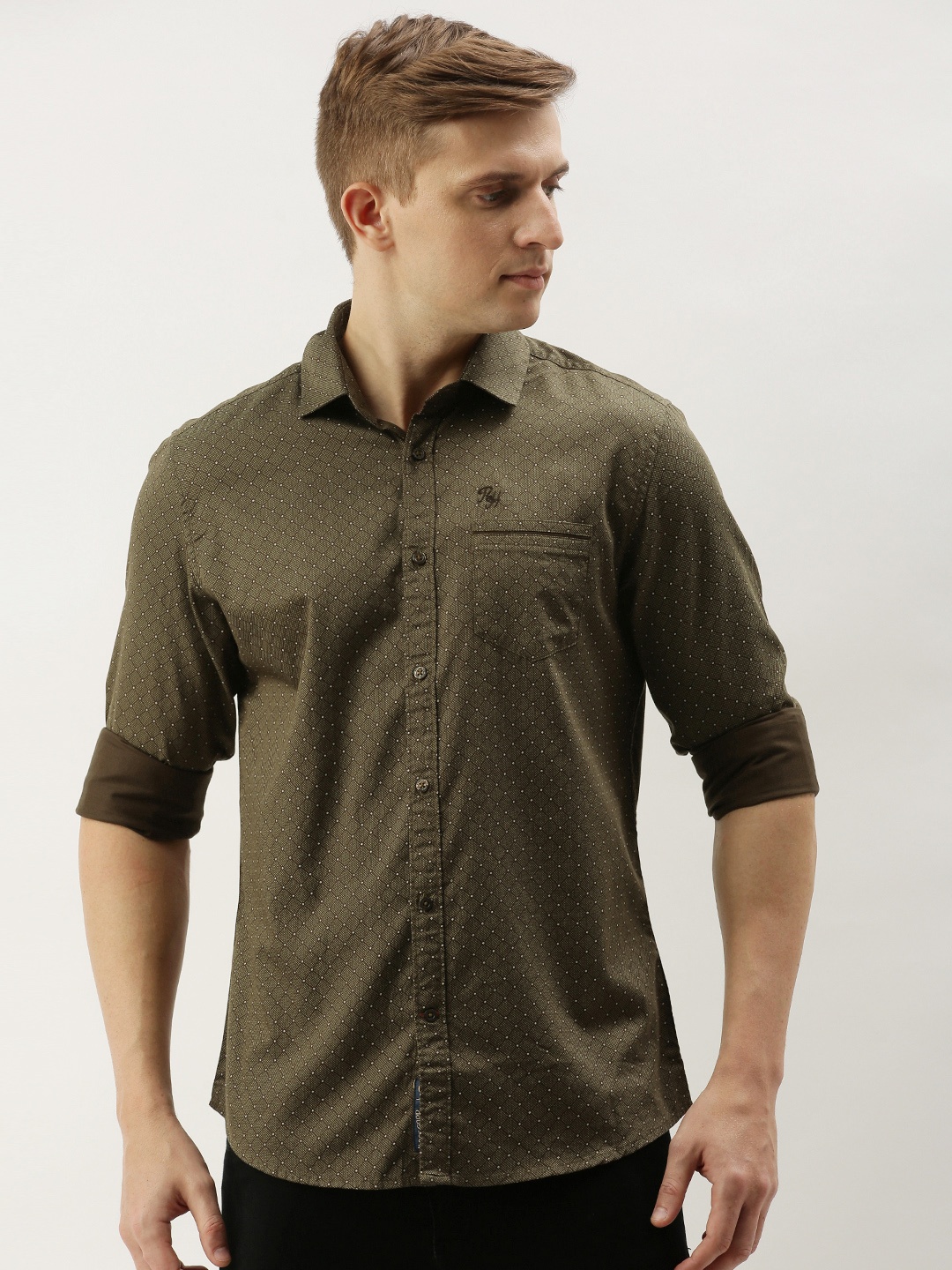

Being Human Clothing Men Olive Green & White Slim Fit Printed Casual Shirt