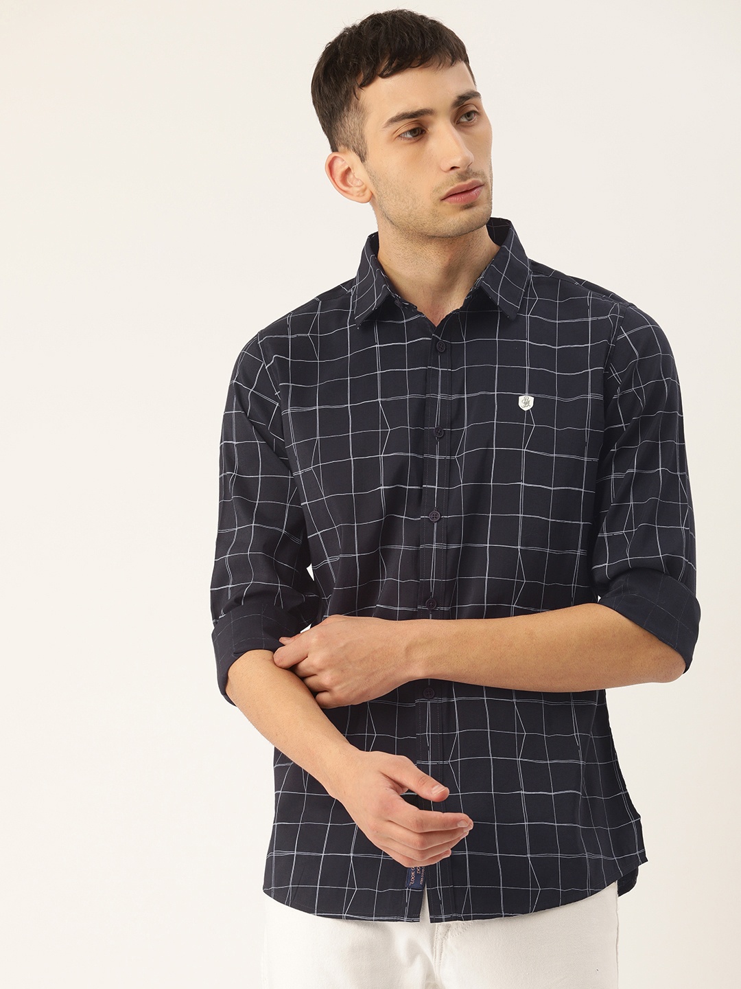 

Being Human Clothing Men Navy Blue & White Slim Fit Checked Casual Shirt