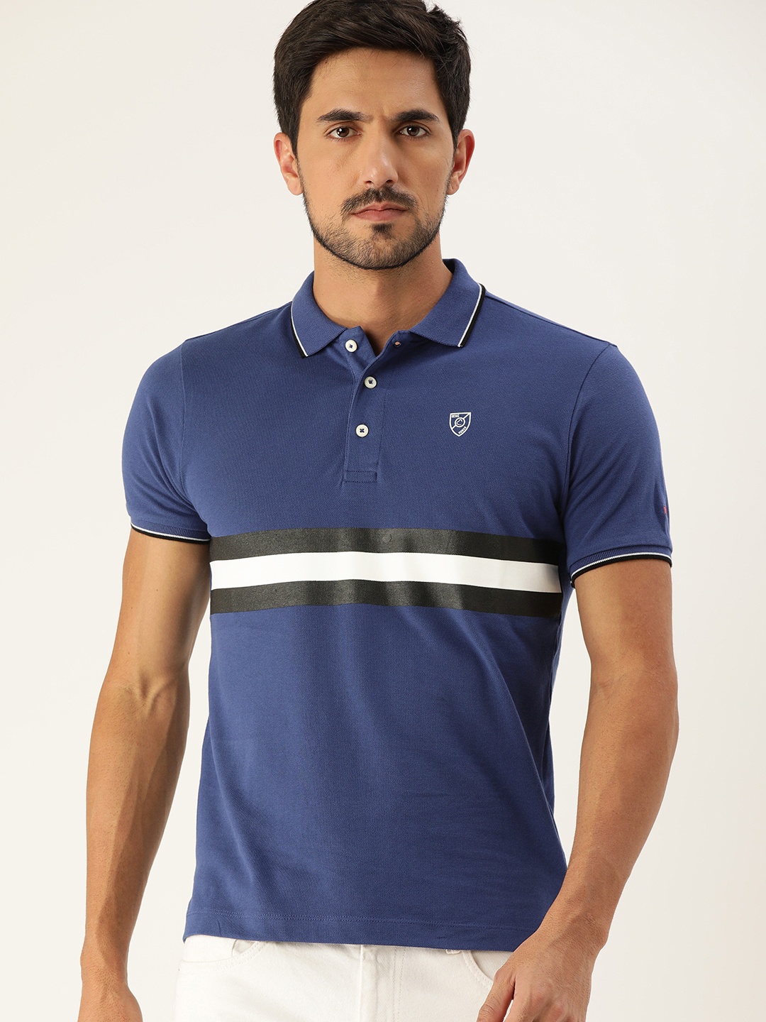 

Being Human Clothing Men Blue Black Striped Polo Collar Pure Cotton T-shirt with Tipping Detail