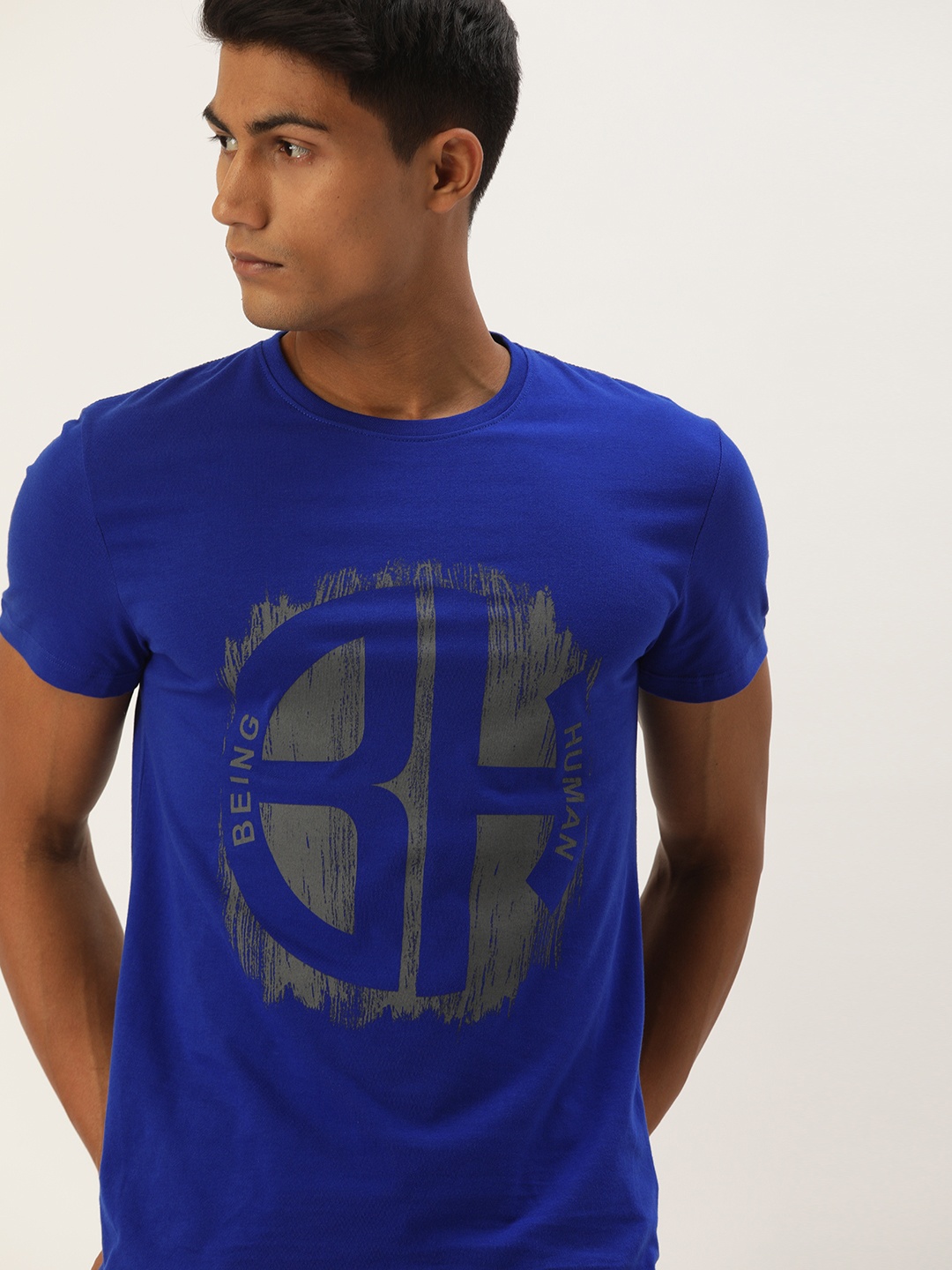 

Being Human Clothing Men Blue Brand Logo Printed Round Neck Pure Cotton T-shirt