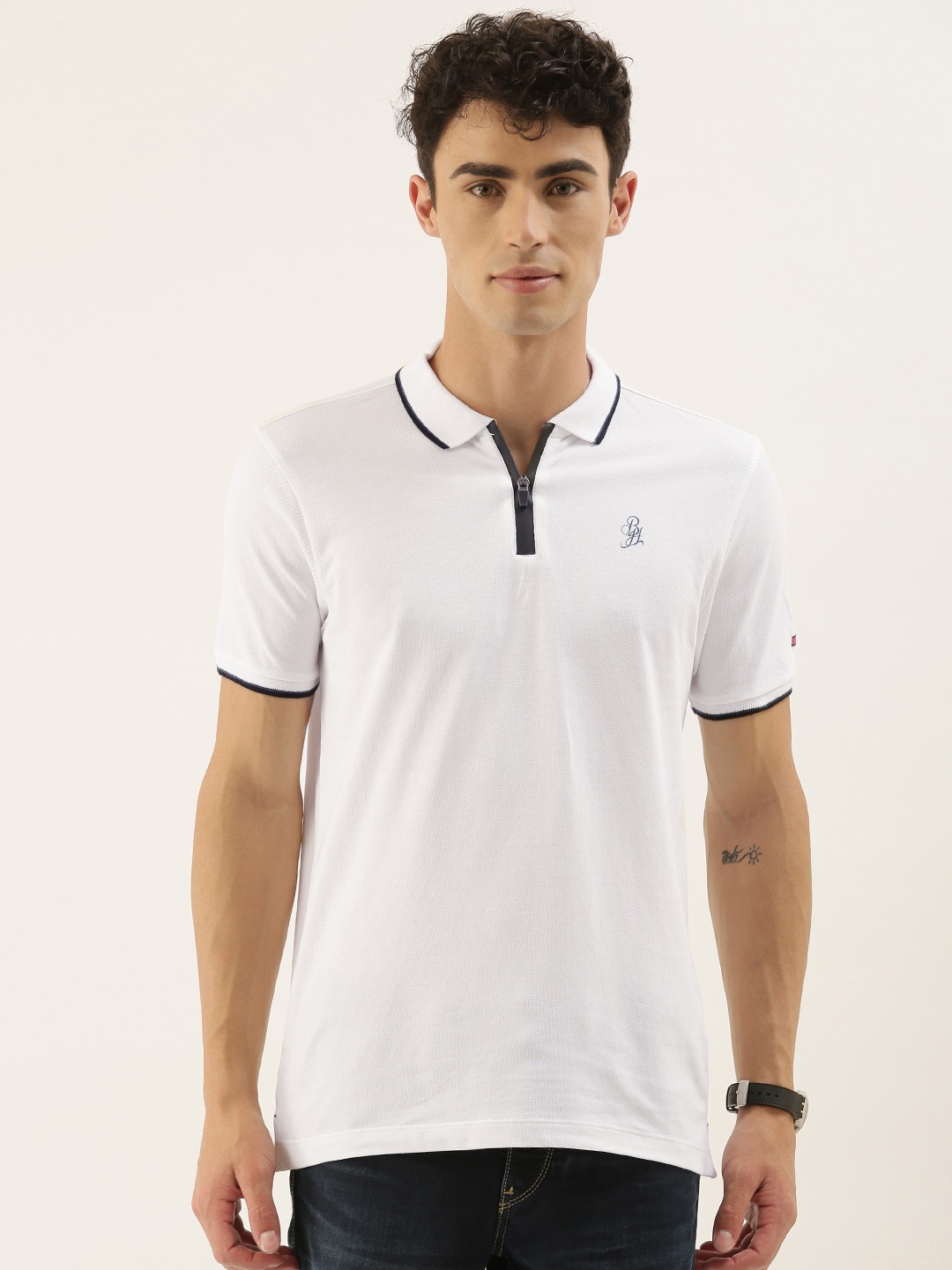 

Being Human Men White Solid Polo Collar Pure Cotton T-shirt