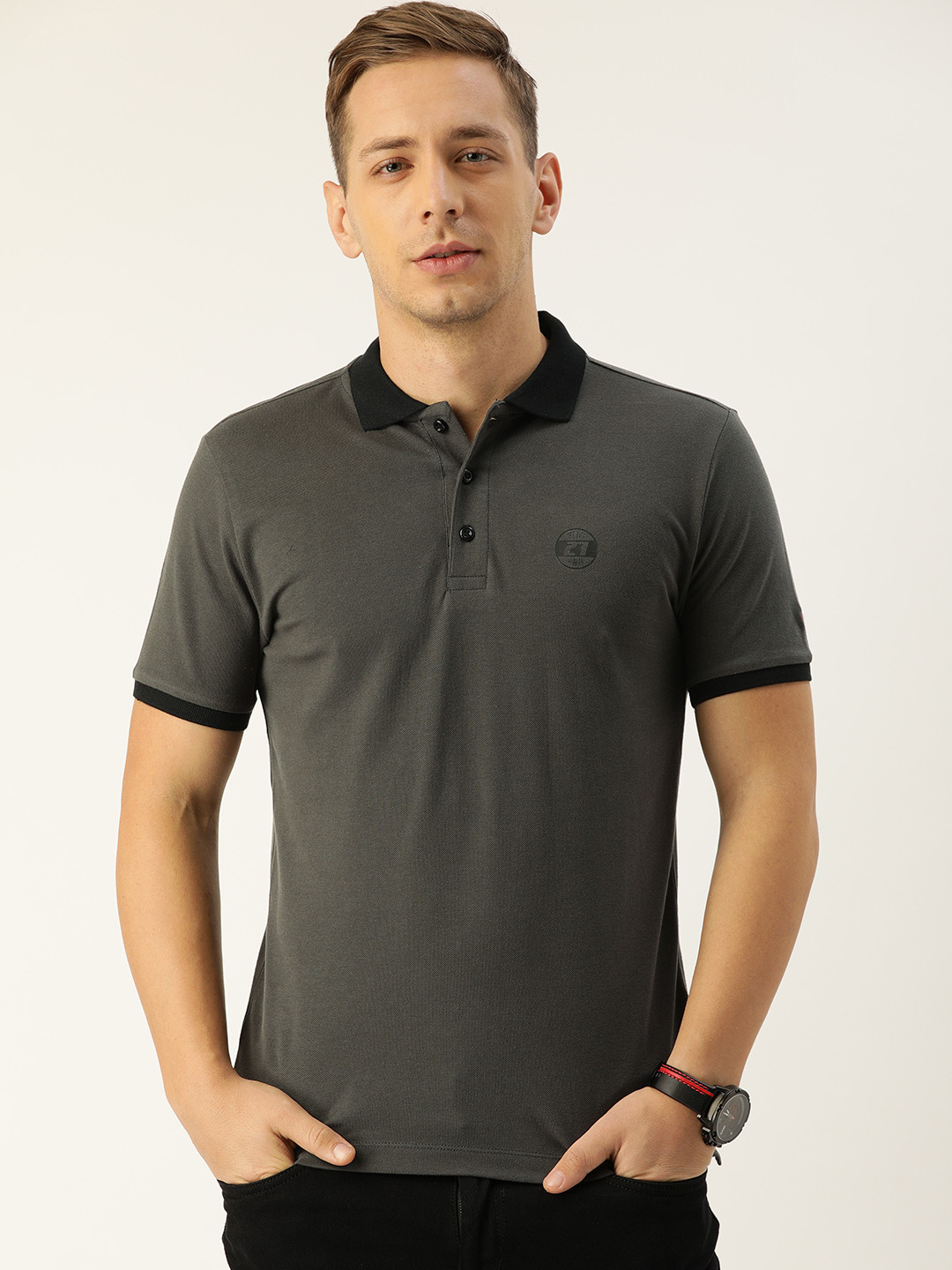 

Being Human Men Grey Solid Polo Collar Pure Cotton T-shirt