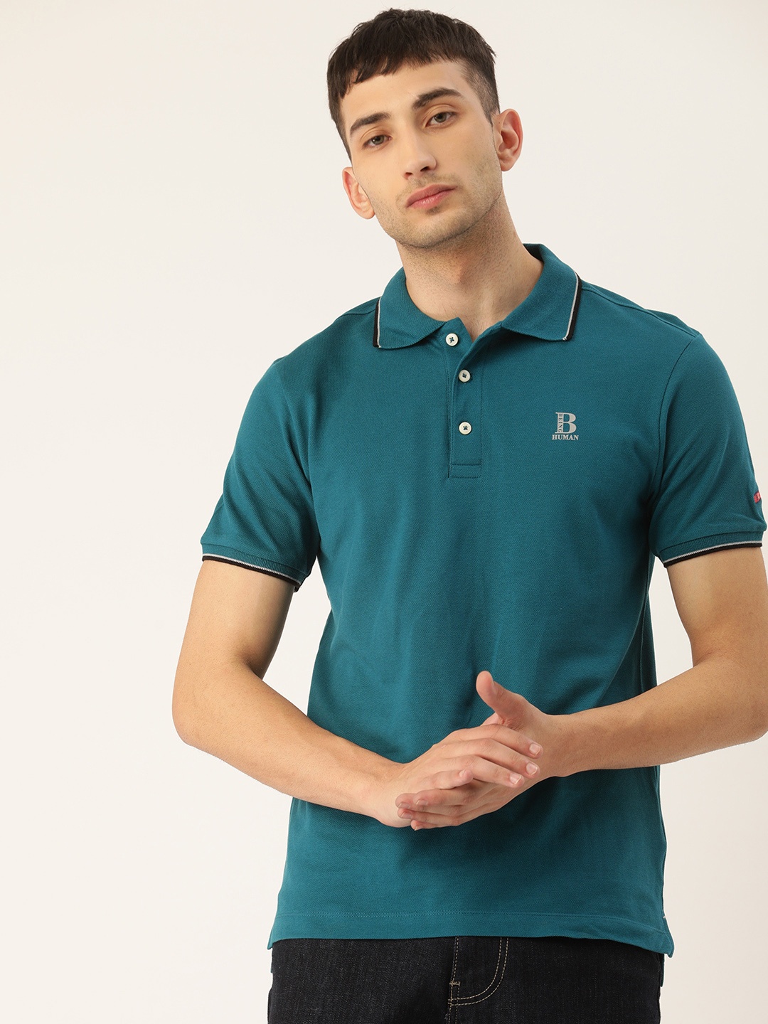 

Being Human Men Teal Solid Polo Collar Pure Cotton T-shirt