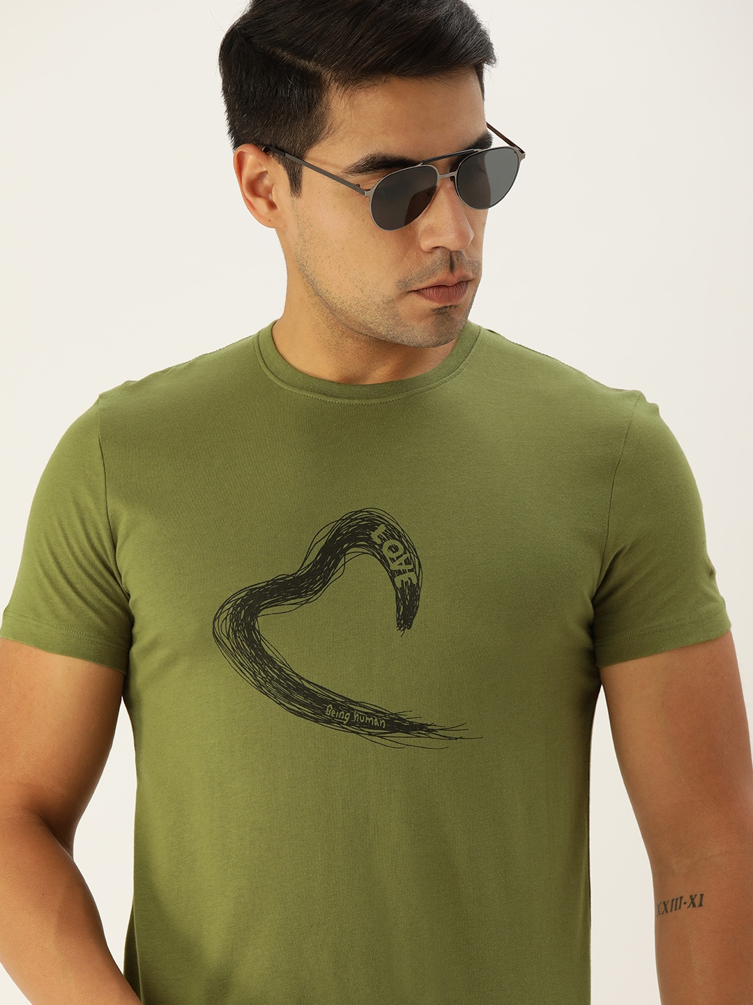 

Being Human Men Olive Green Printed Round Neck Pure Cotton T-shirt