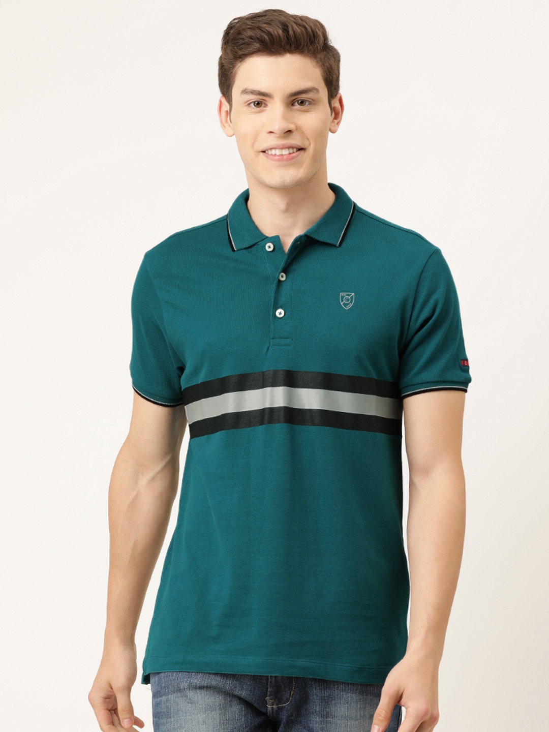 

Being Human Clothing Men Teal Blue Black Striped Polo Collar Pure Cotton T-shirt with Tipping Detail