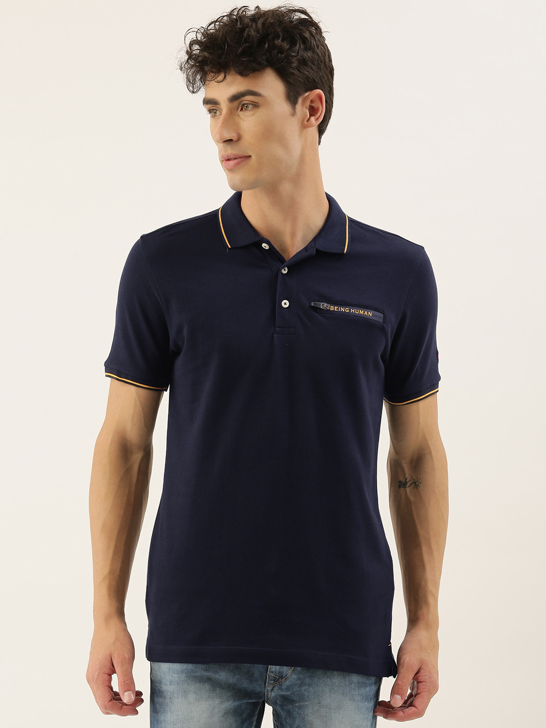 

Being Human Men Navy Blue Solid Polo Collar Pure Cotton T-shirt