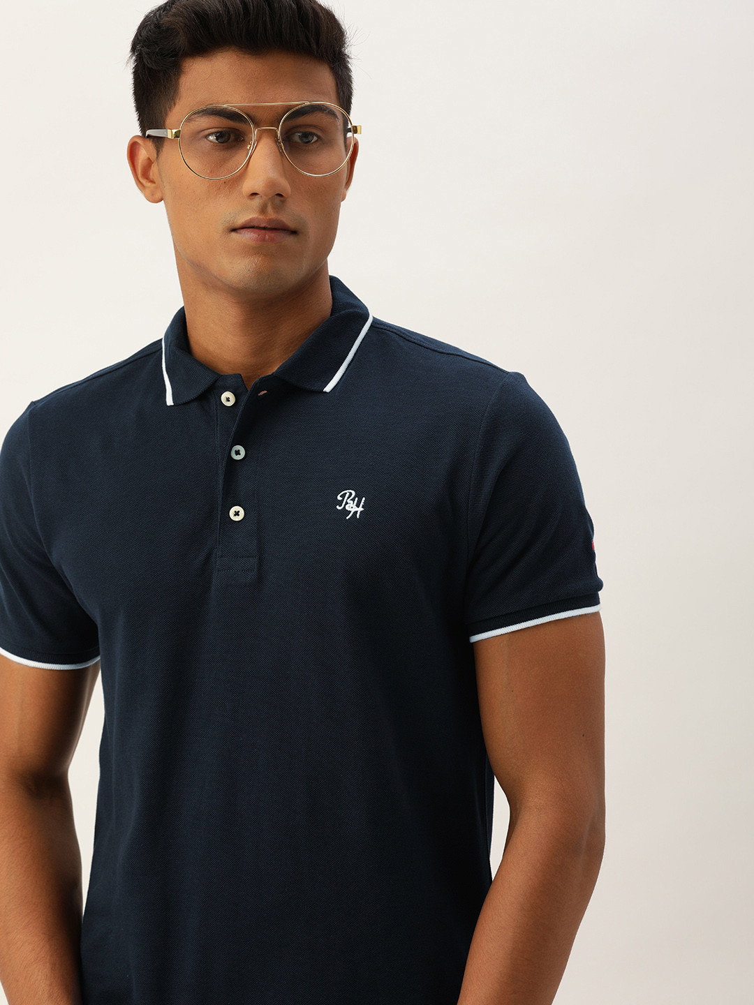 

Being Human Clothing Men Navy Blue Solid Polo Collar Pure Cotton T-shirt with Contrast Tipping