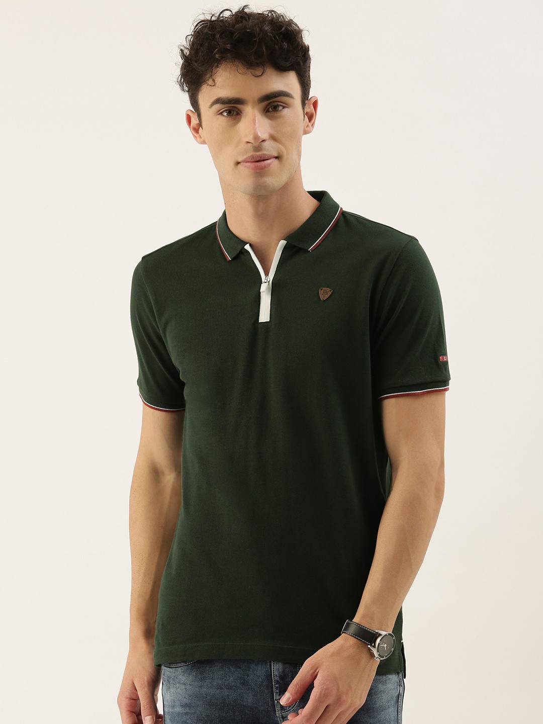 

Being Human Men Olive Green Solid Polo Collar Pure Cotton T-shirt