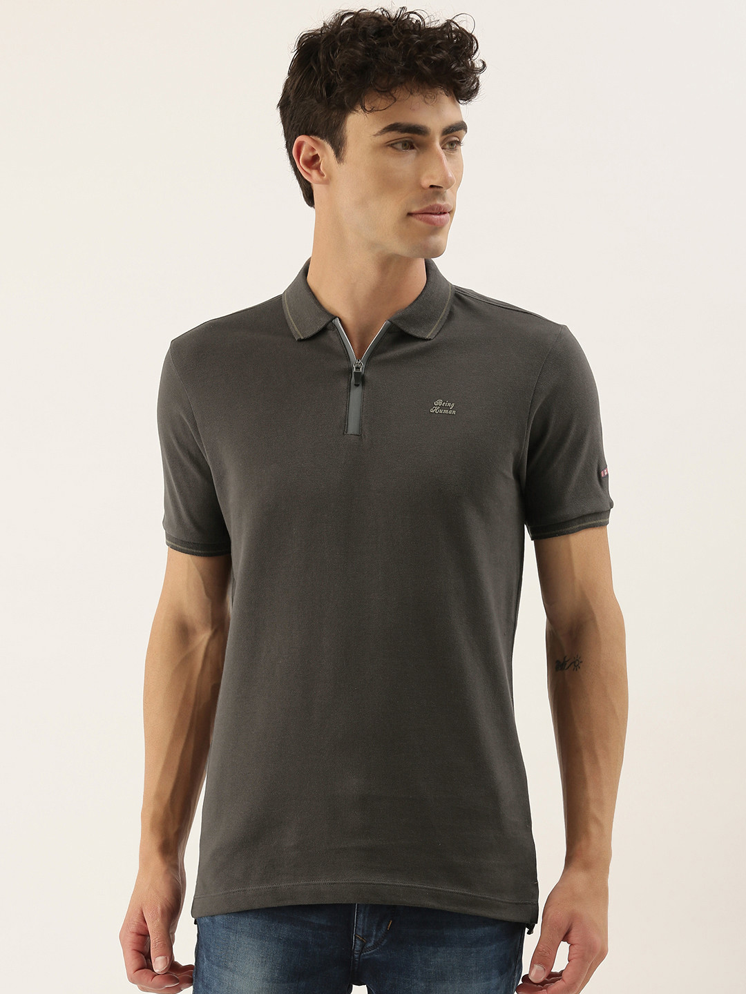 

Being Human Men Grey Solid Polo Collar Pure Cotton T-shirt