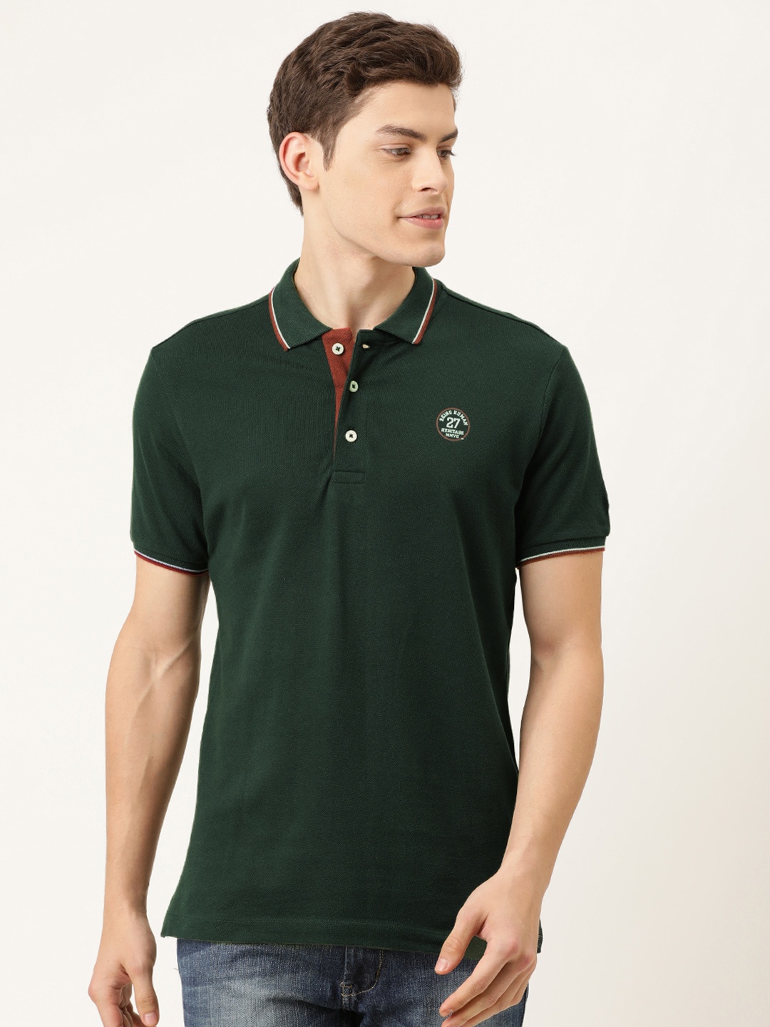 

Being Human Clothing Men Green Solid Polo Collar Pure Cotton T-shirt with Tipping Detail