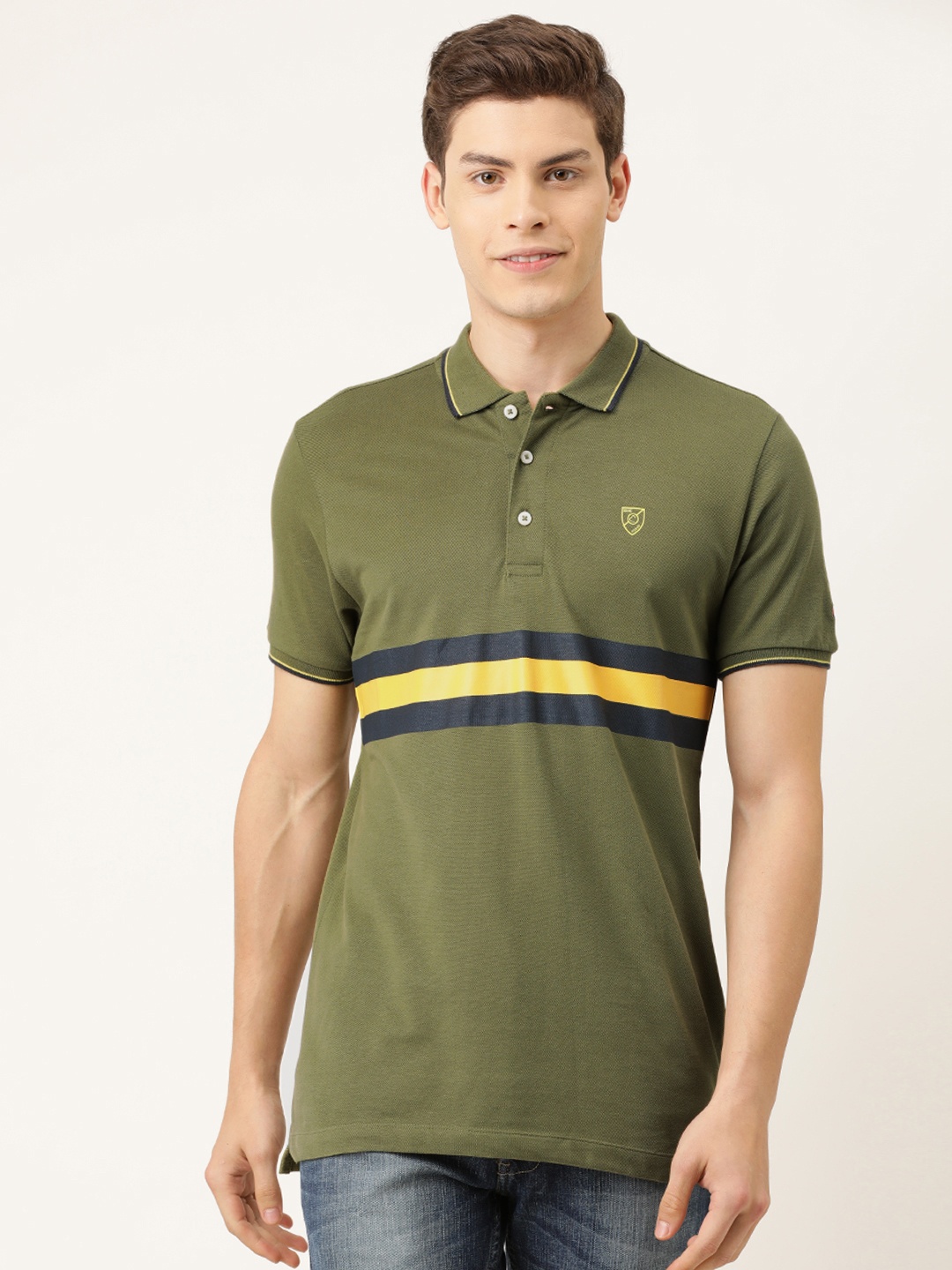 

Being Human Clothing Men Olive Green Navy Blue Striped Polo Collar Pure Cotton T-shirt