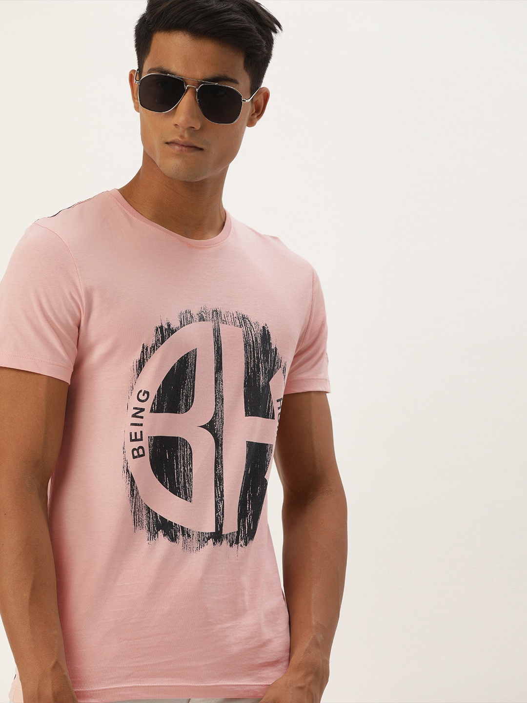 

Being Human Clothing Men Pink Brand Logo Printed Round Neck Pure Cotton T-shirt