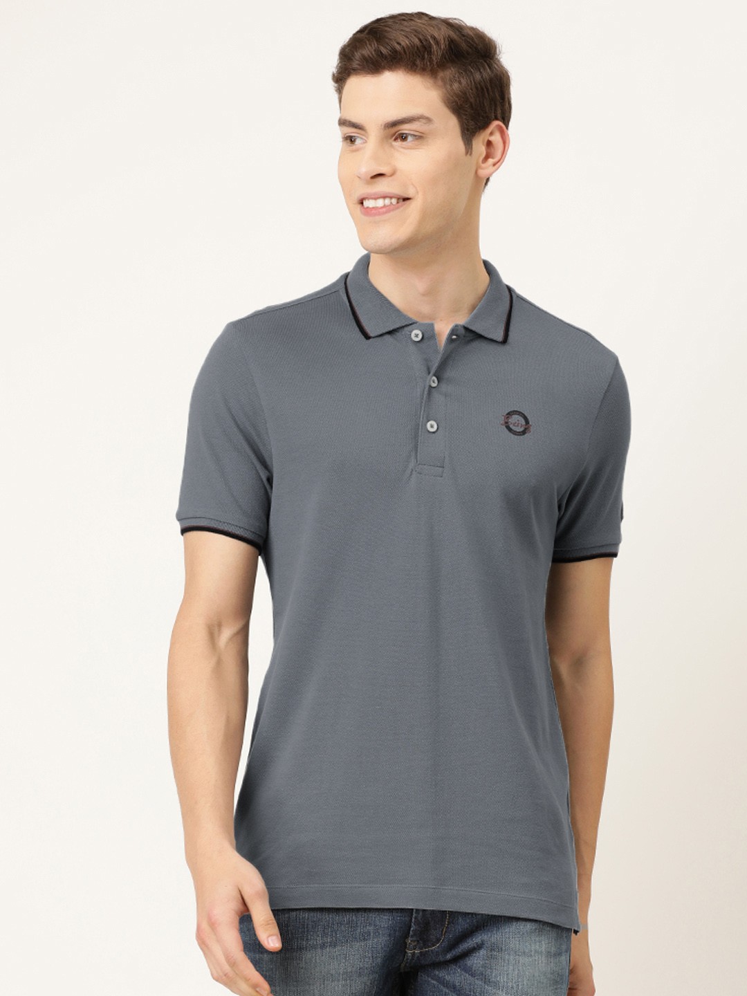 

Being Human Clothing Men Grey Solid Polo Collar Pure Cotton T-shirt with Tipping Detail