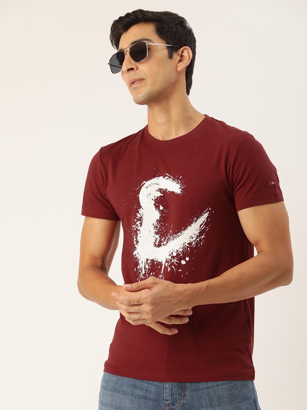 

Being Human Men Burgundy White Printed Round Neck Pure Cotton T-shirt