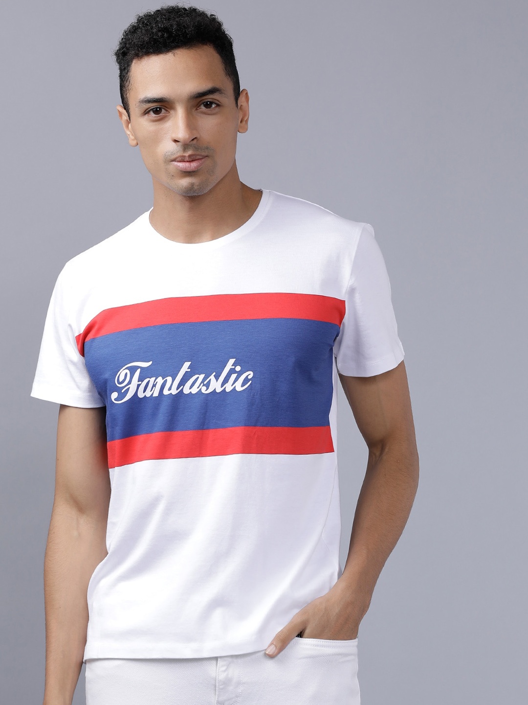 

LOCOMOTIVE Men White & Blue Printed Round Neck T-shirt