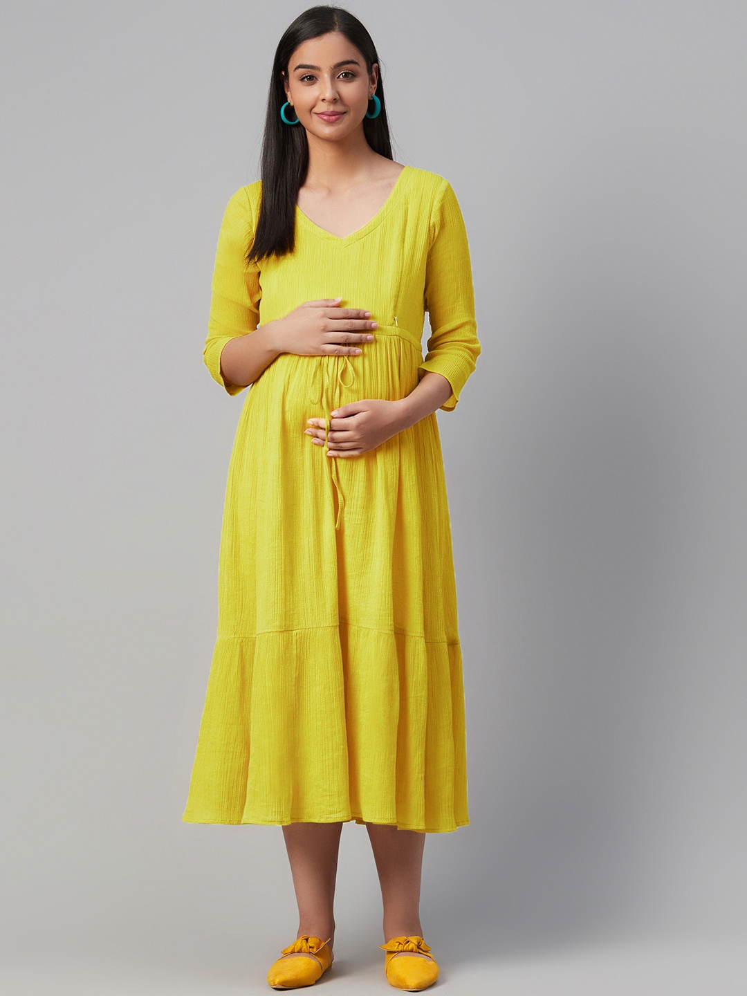 

anayna Women Lime Green Solid Tiered Maternity A-Line Dress