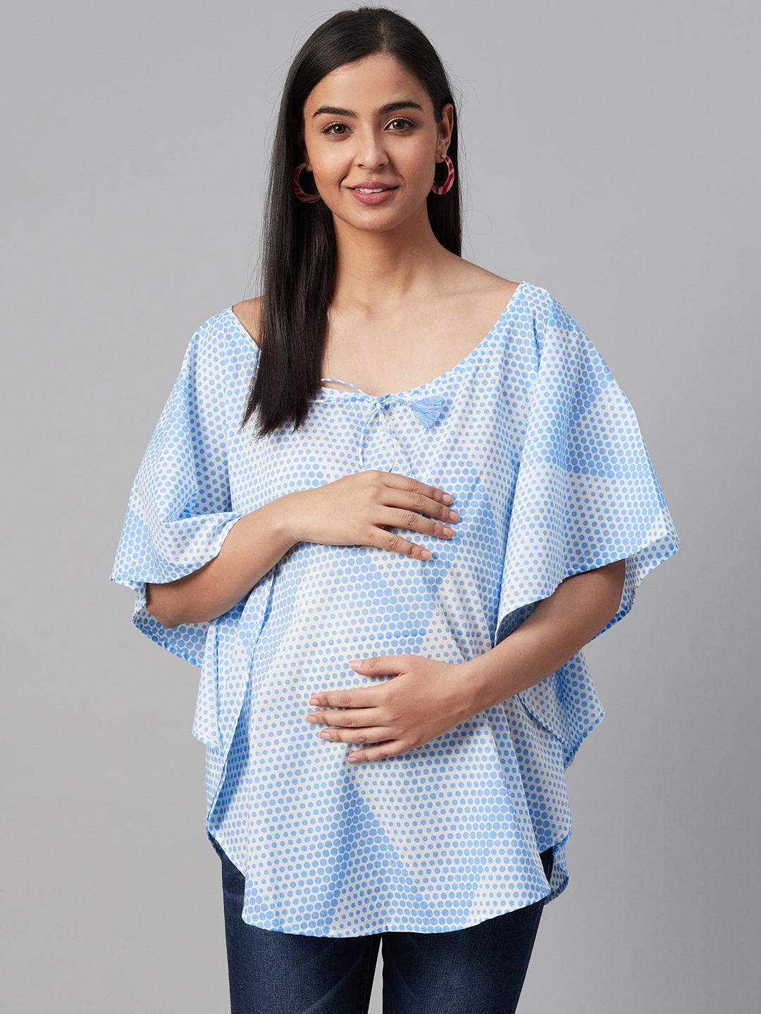 

anayna Women Blue & White Polka Dots Print Kaftan Maternity Top