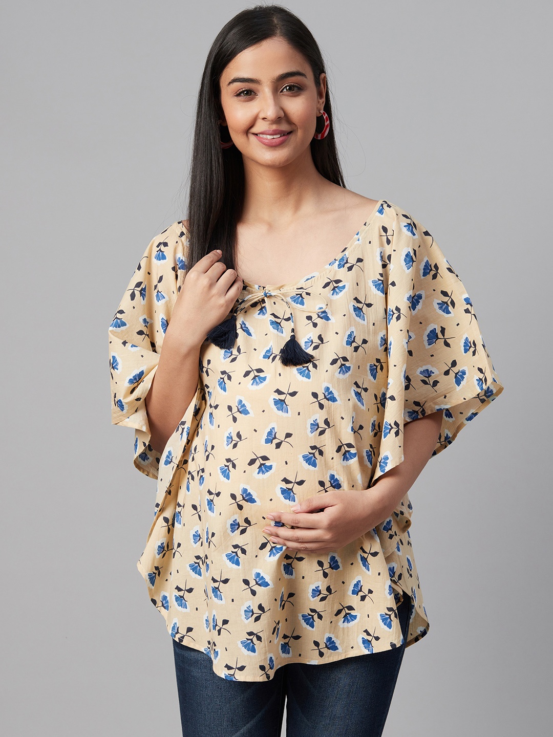 

anayna Women Beige & Blue Floral Print Kaftan Maternity Top