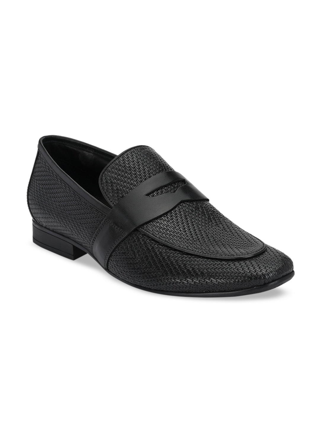 

Hitz Men Black Woven-Design Leather Formal Loafers