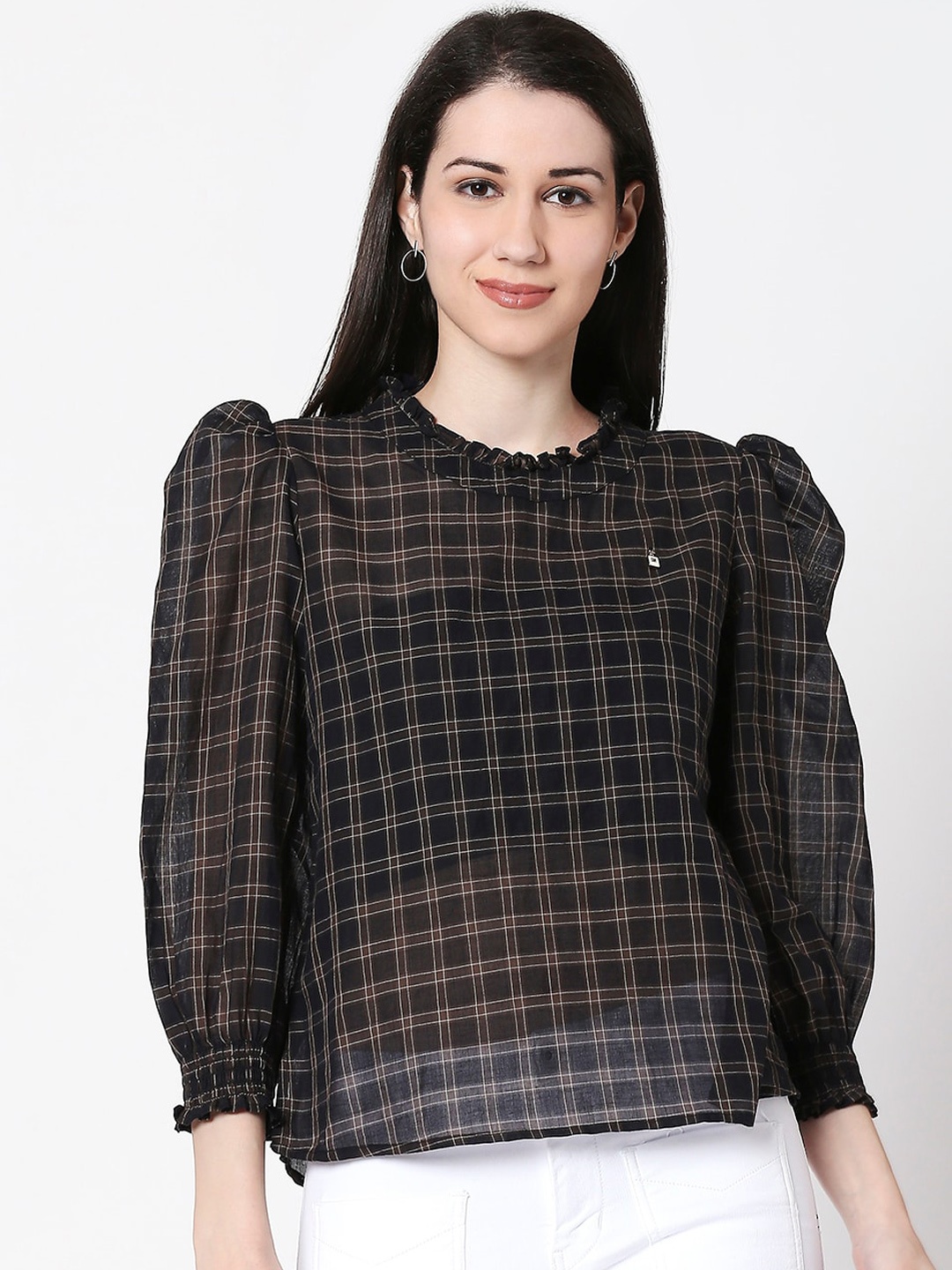 

TERQUOIS Women Coffee Brown Checked Pure Cotton Top