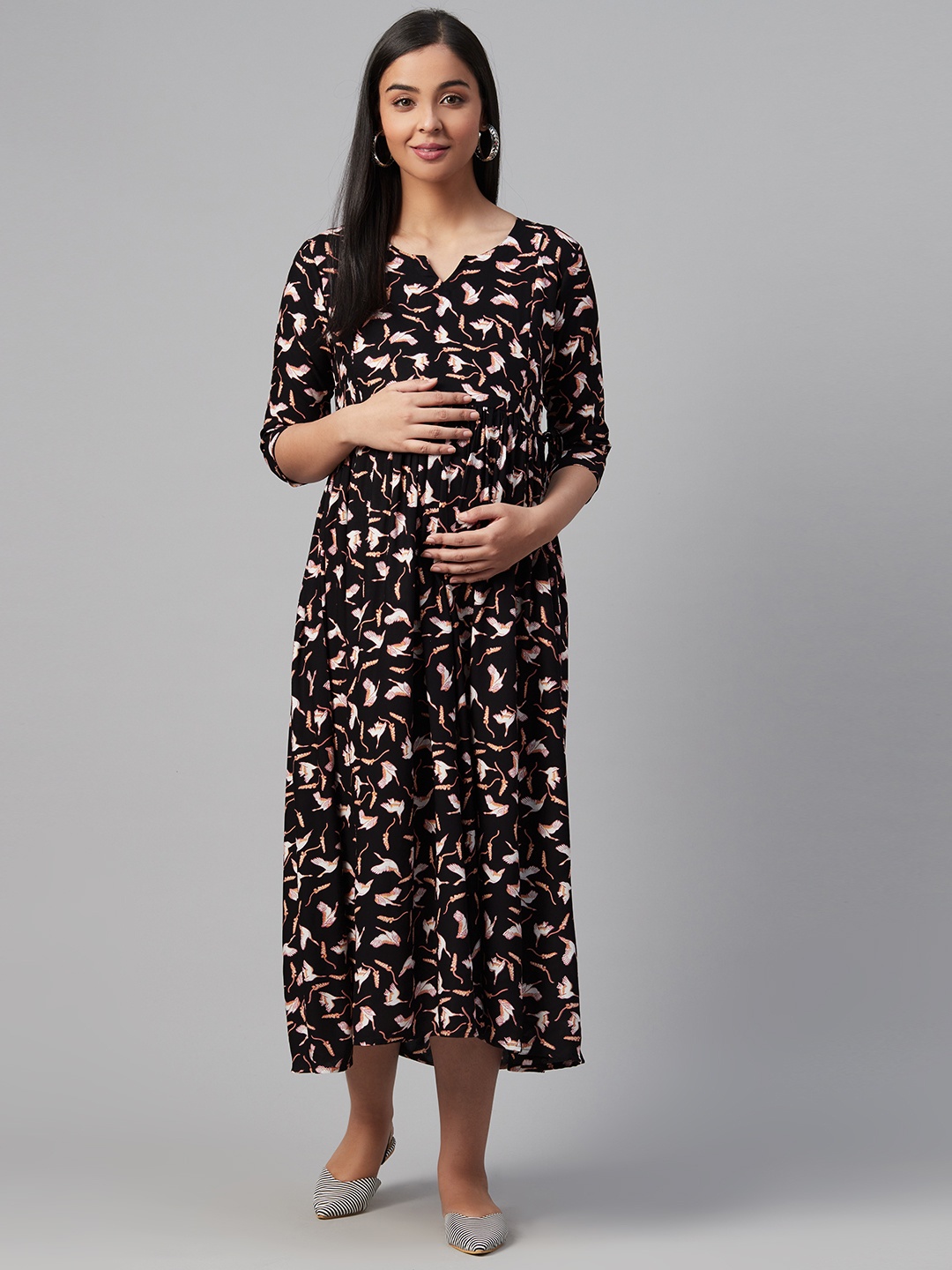 

anayna Women Black & Off-White Printed Maternity A-Line Dress