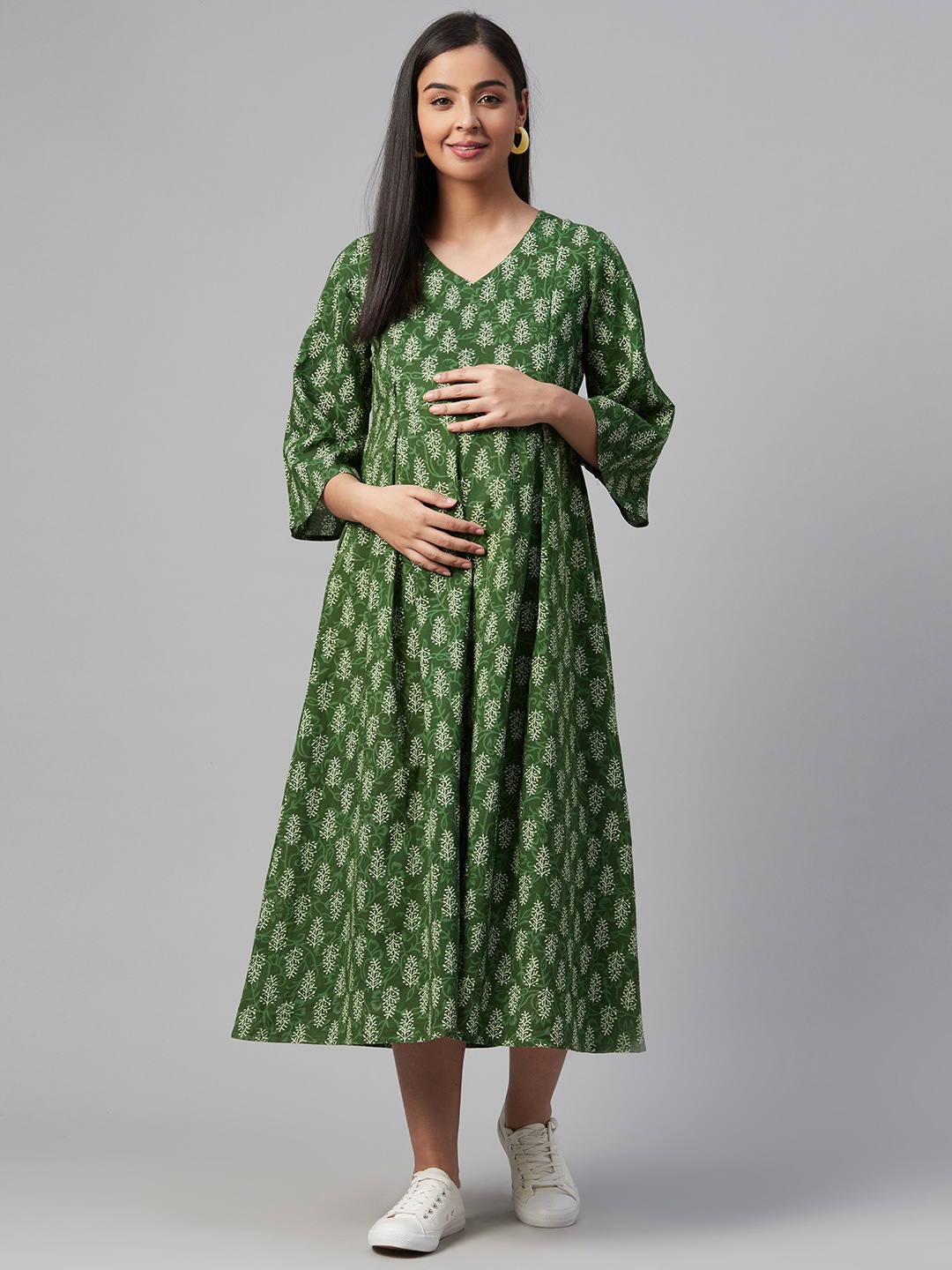 

anayna Women Green & Off-White Printed Maternity A-Line Dress