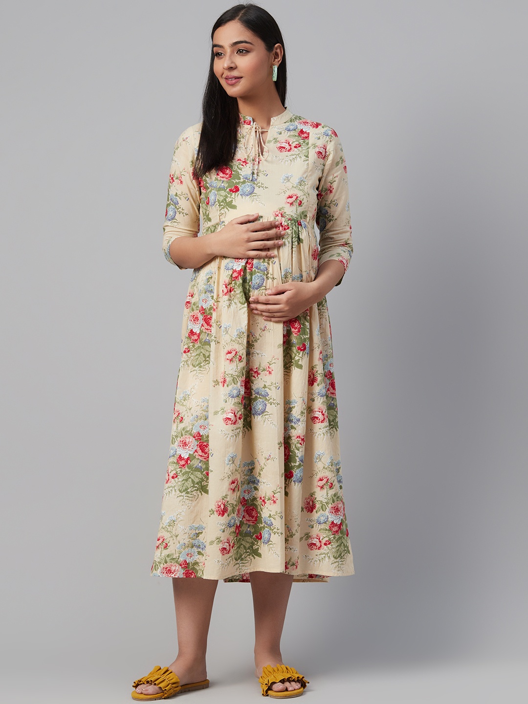 

anayna Women Beige & Pink Floral Print Maternity A-Line Dress