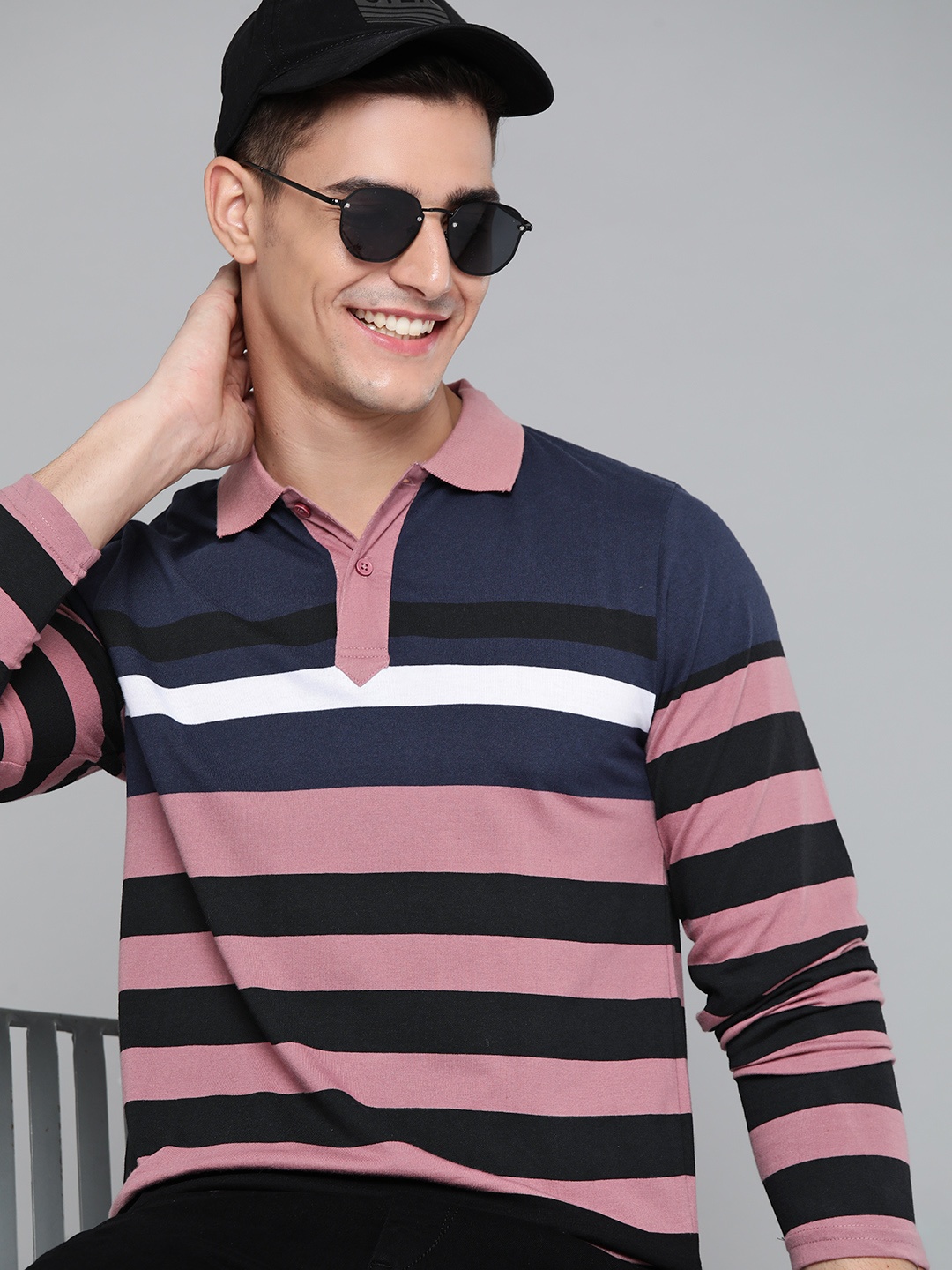 

HERE&NOW Men Black & Mauve Striped Polo Collar T-shirt