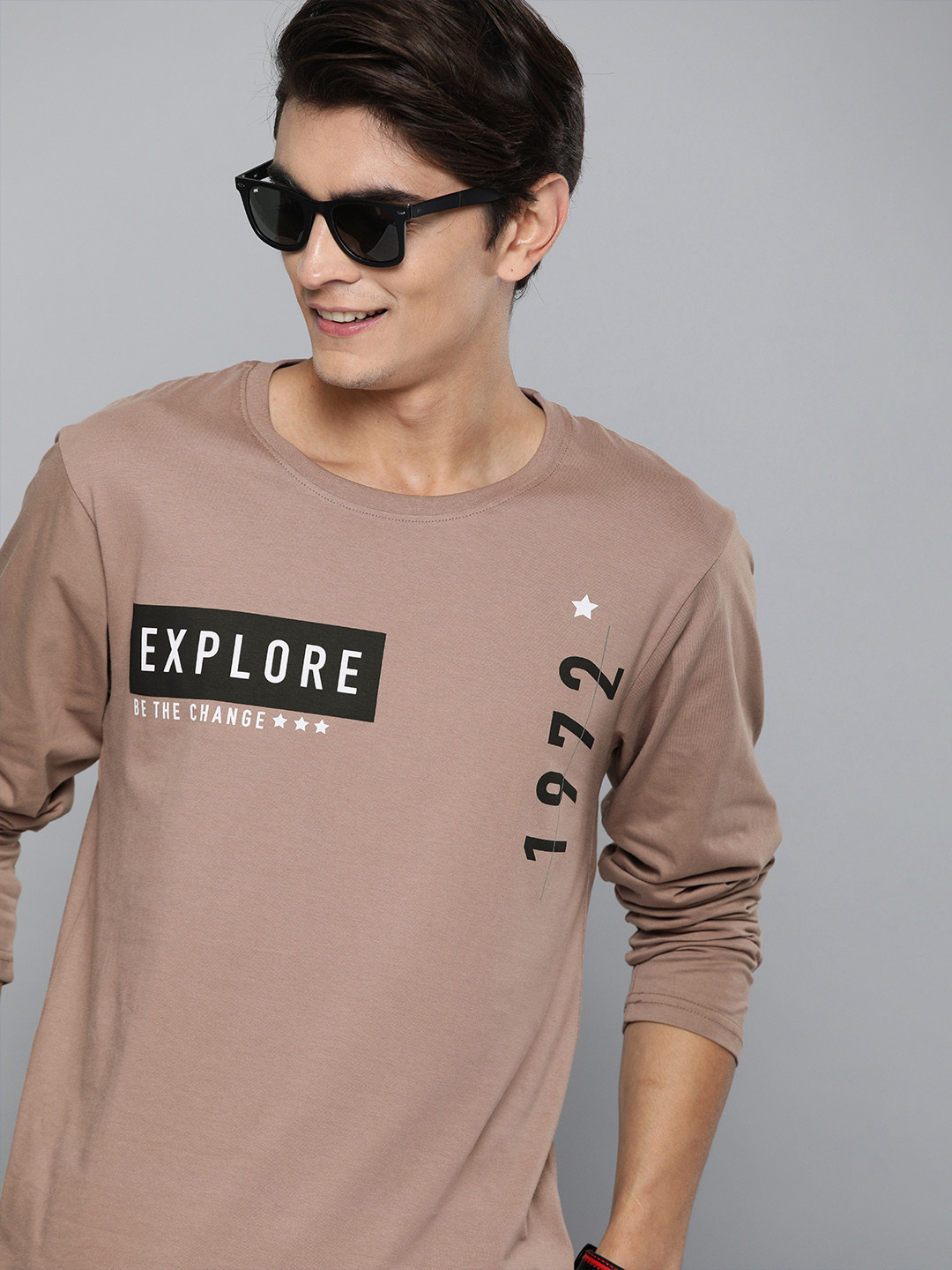 

HERENOW Men Mauve Printed Round Neck Pure Cotton T-shirt