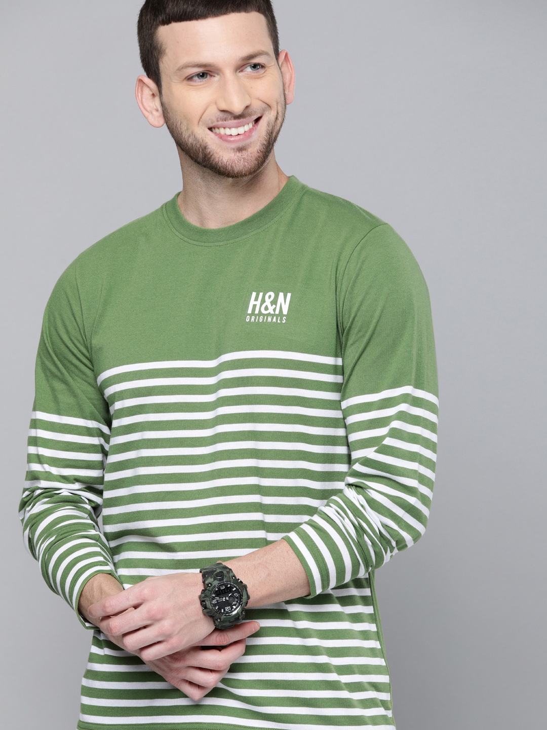 

HERE&NOW Men Olive Green Full Front Striped T-shirt