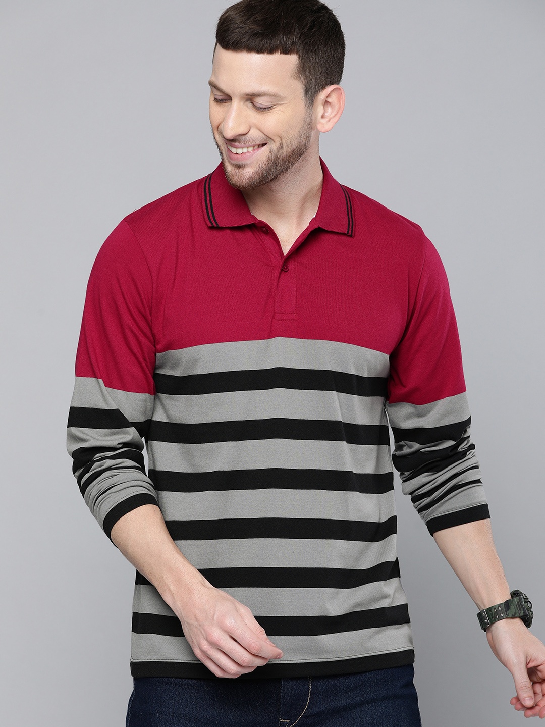 

HERE&NOW Men Grey & Black Striped Polo Collar T-shirt