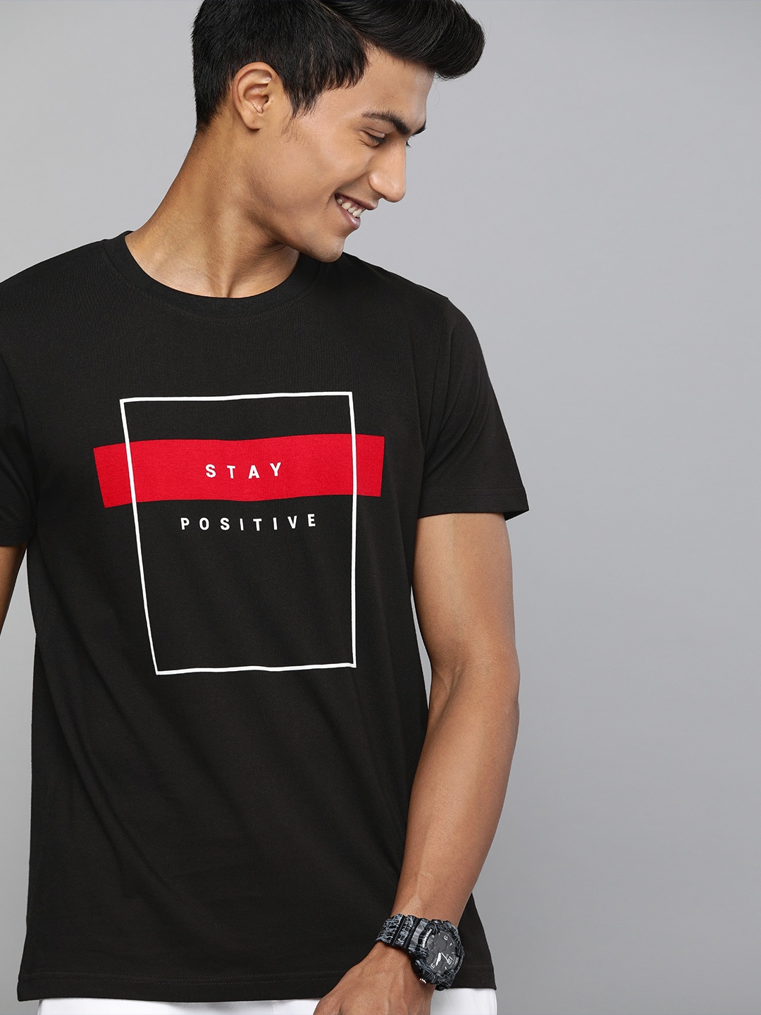 

HERENOW Men Black Pure Cotton Typography Printed Round Neck Pure Cotton T-shirt