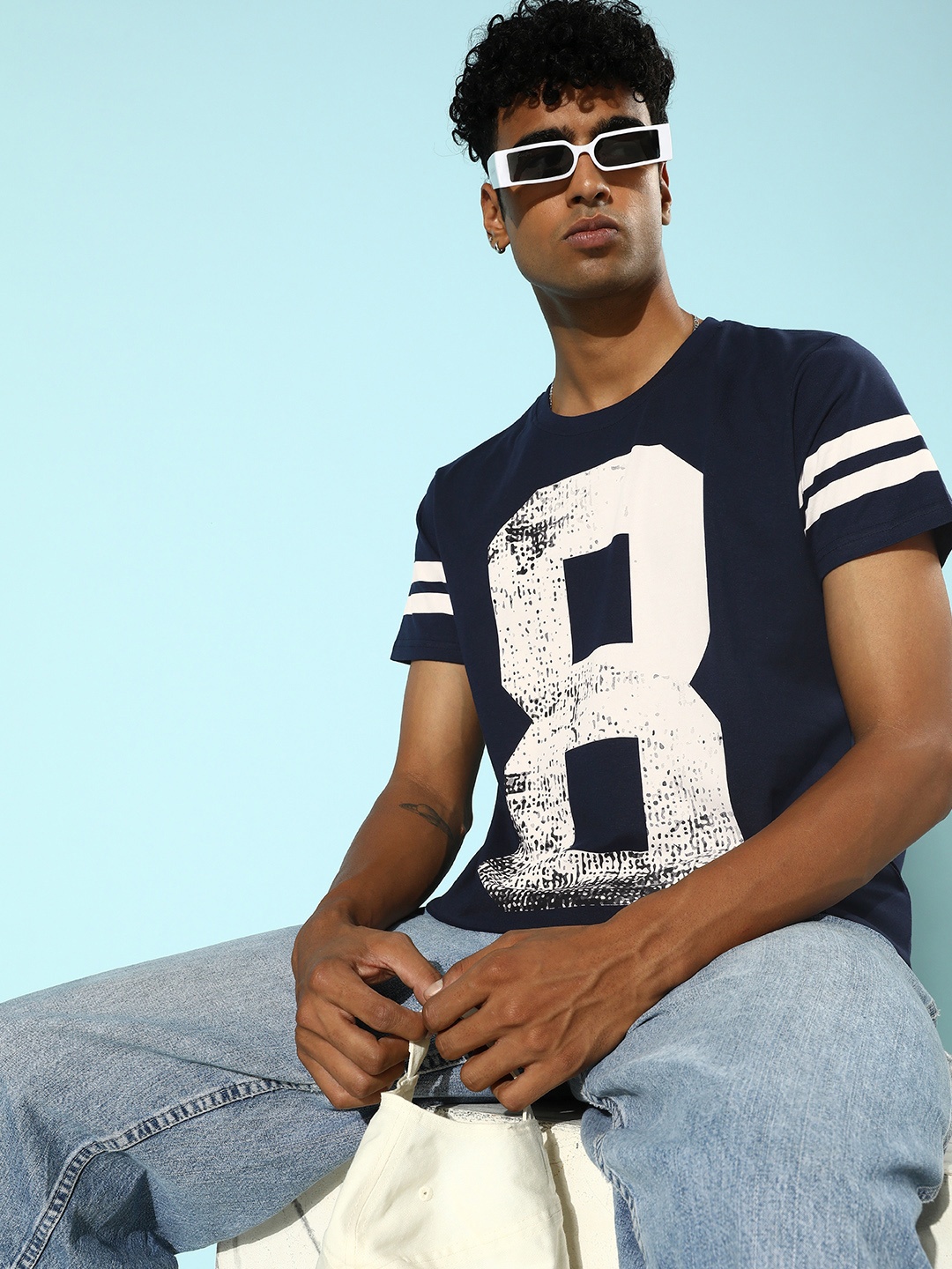 

HERE&NOW Men Navy Blue Varsity Printed Pure Cotton Graphitee T-shirt