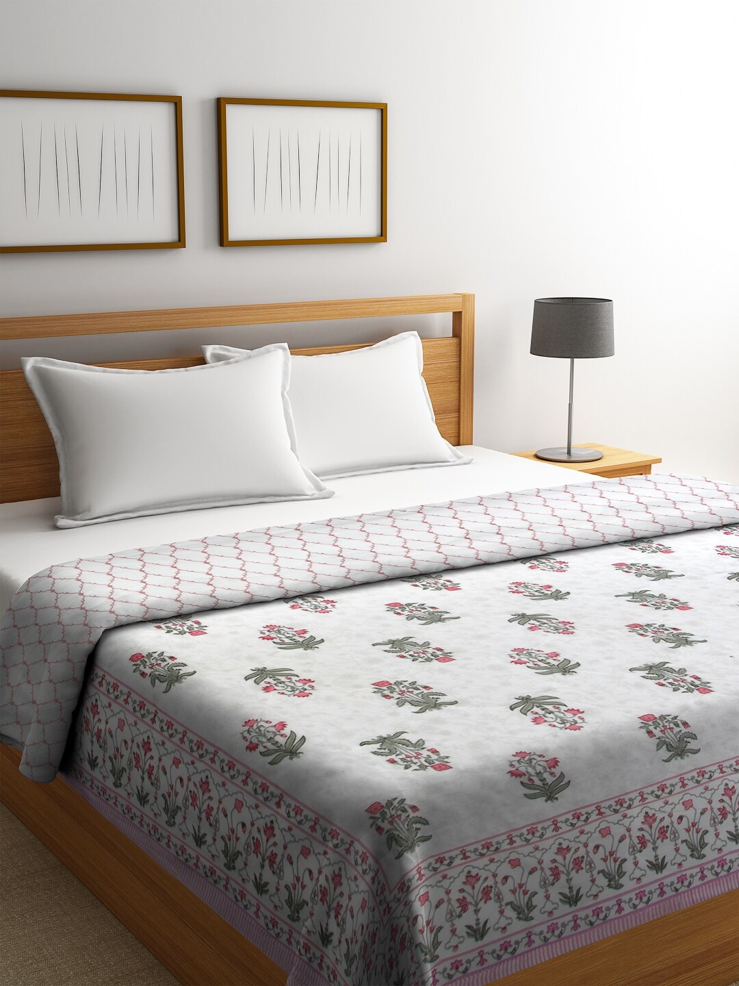 

Rajasthan Decor White & Green Floral AC Room 150 GSM Double Bed Reversible Comforter