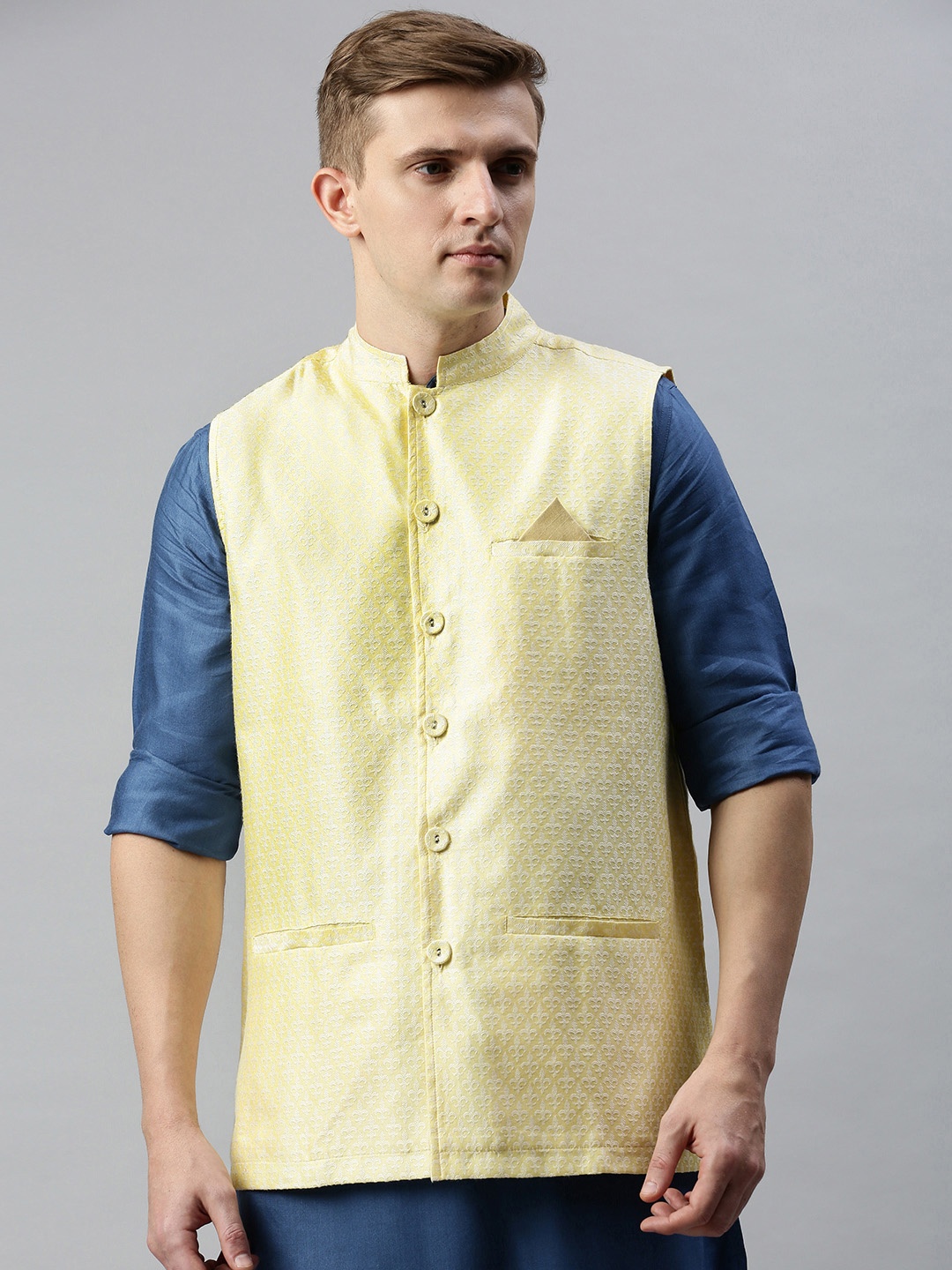

Fabindia Men Cream-Coloured & White Woven Design Nehru Jacket