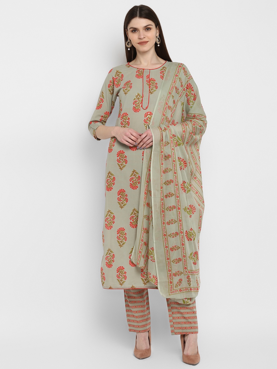 

Vbuyz Women Olive Green & Red Printed Kurta with Trouser & Dupatta