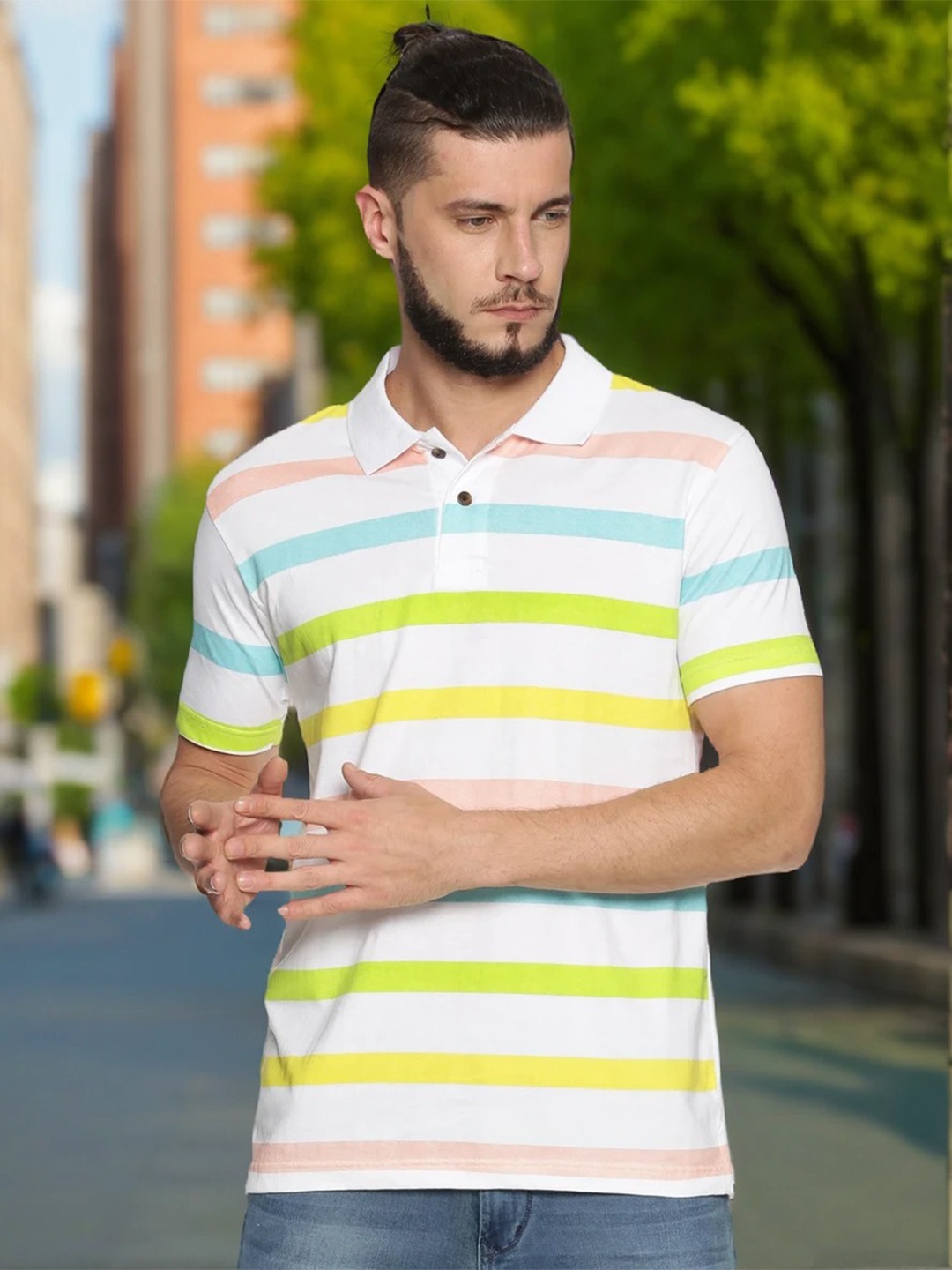

Kryptic Men White Striped Polo Collar T-shirt