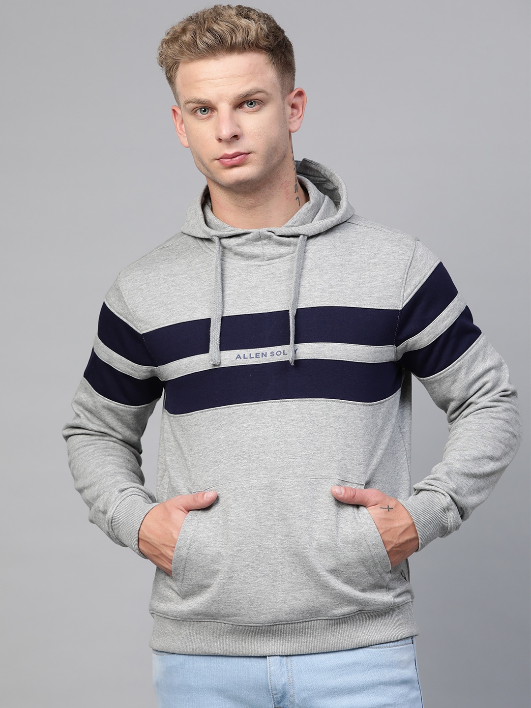 

Allen Solly Sport Men Grey Melange & Navy Blue Striped Hooded Sweatshirt