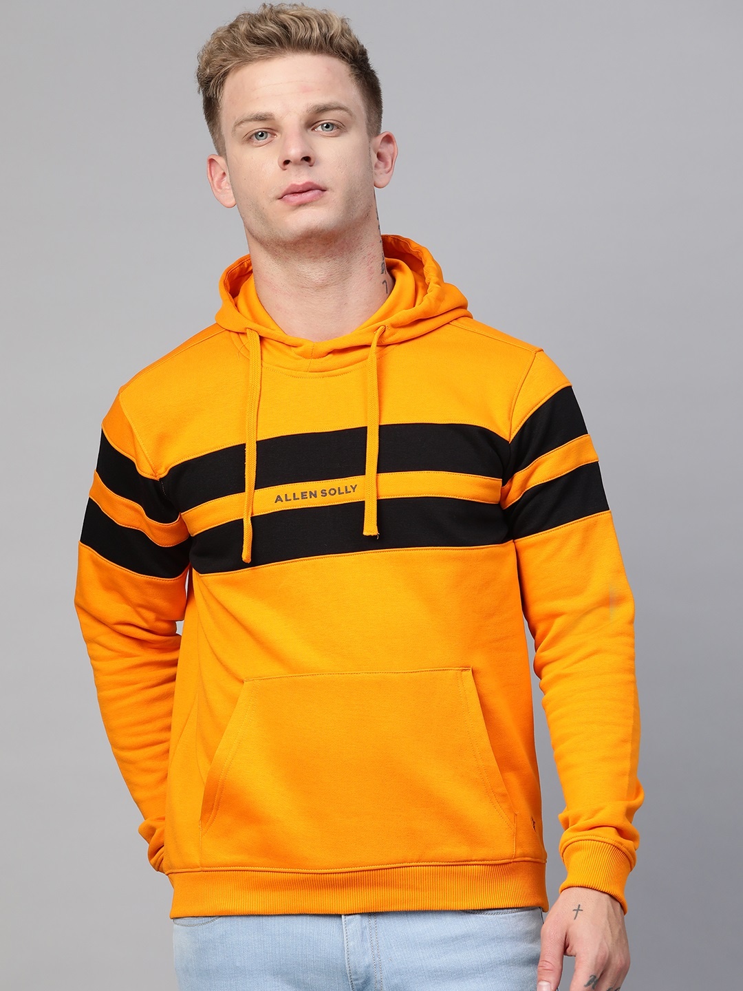 

Allen Solly Sport Men Mustard Yellow & Black Striped Hooded Sweatshirt