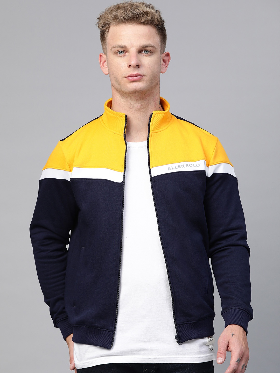 

Allen Solly Sport Men Navy Blue & Yellow Colourblocked Sweatshirt