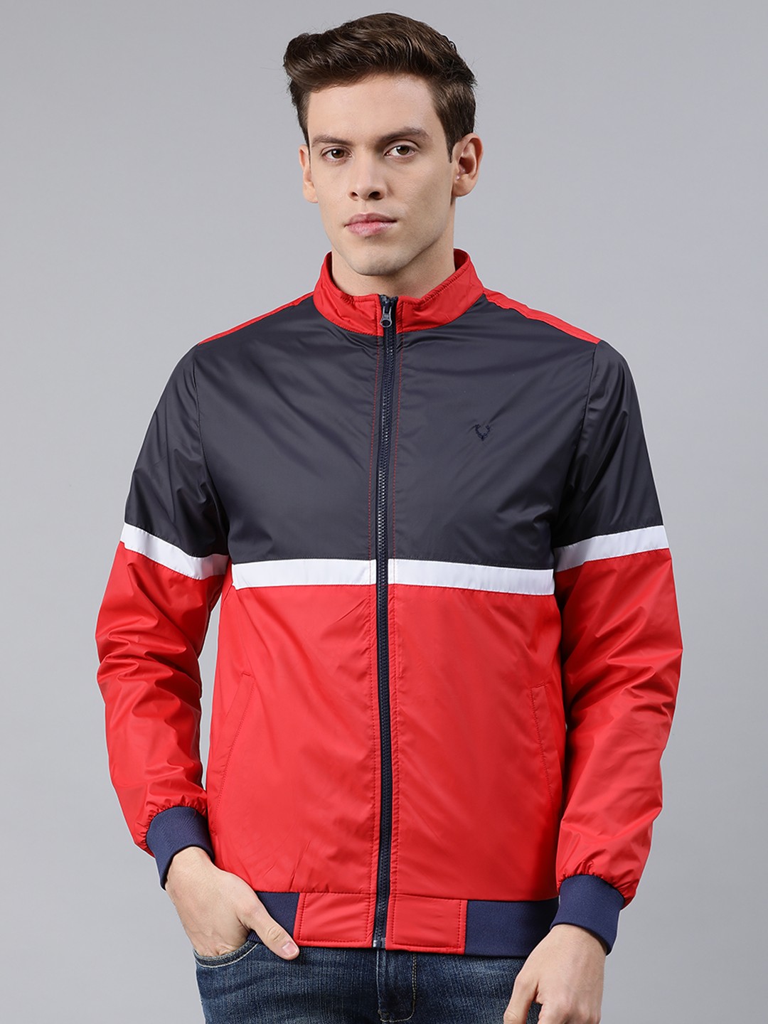 

Allen Solly Men Navy Blue & Red Colourblocked Bomber Jacket