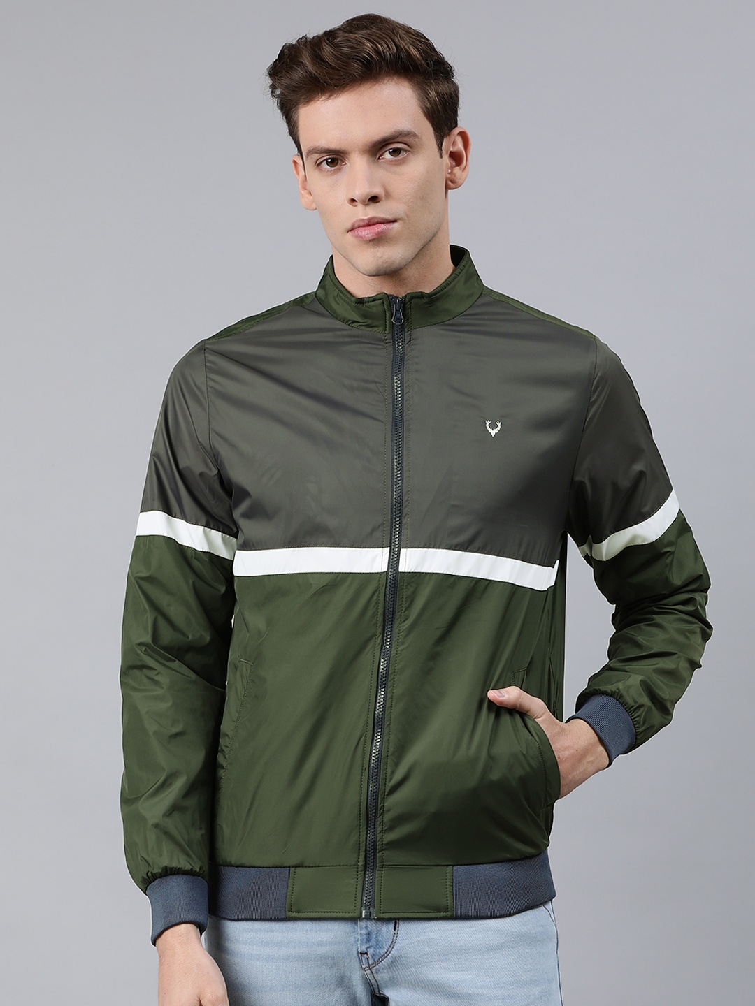 

Allen Solly Men Olive Green & Grey Colourblocked Bomber Jacket