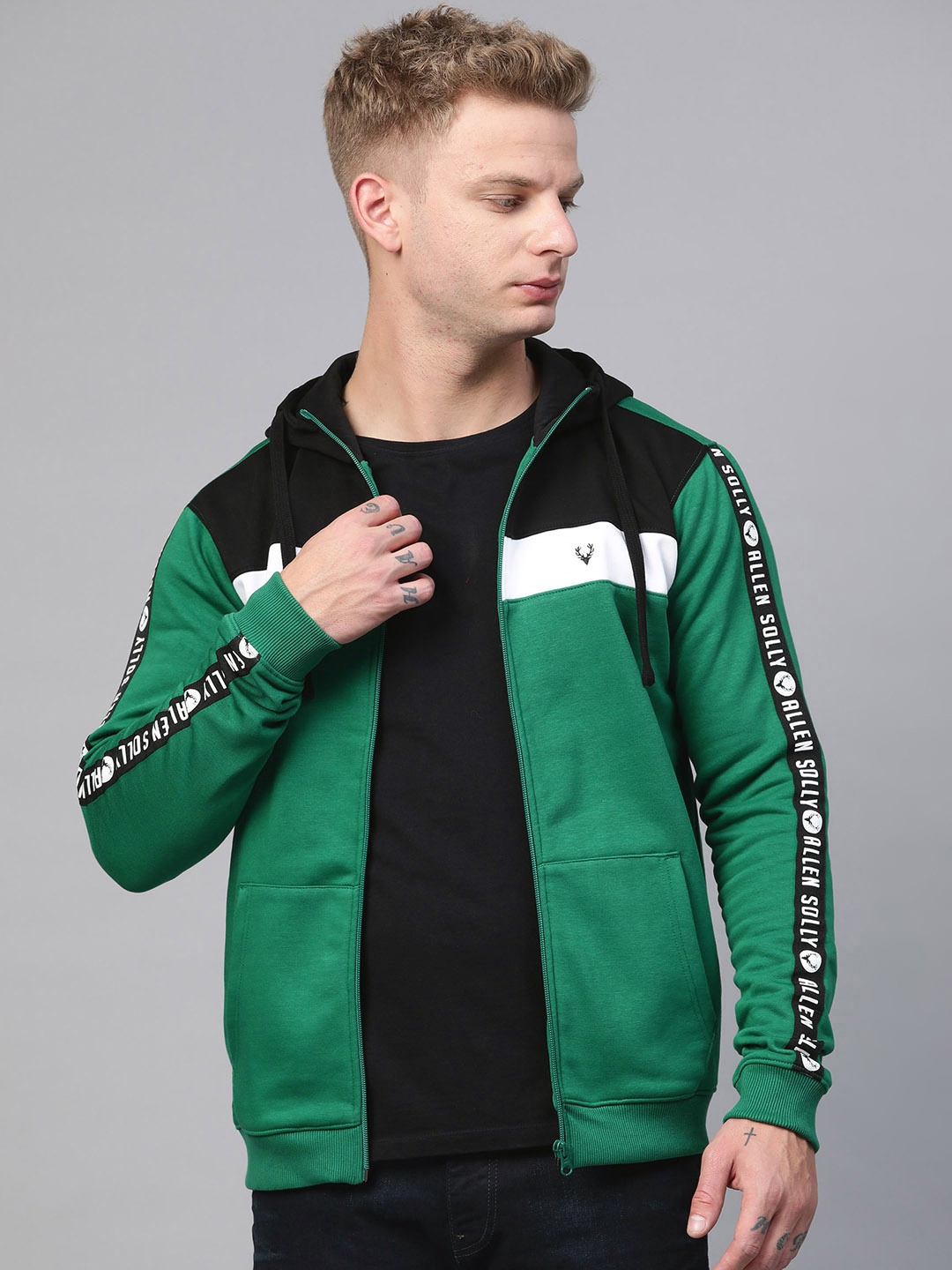 

Allen Solly Sport Men Green & Black Colourblocked Hooded Sweatshirt