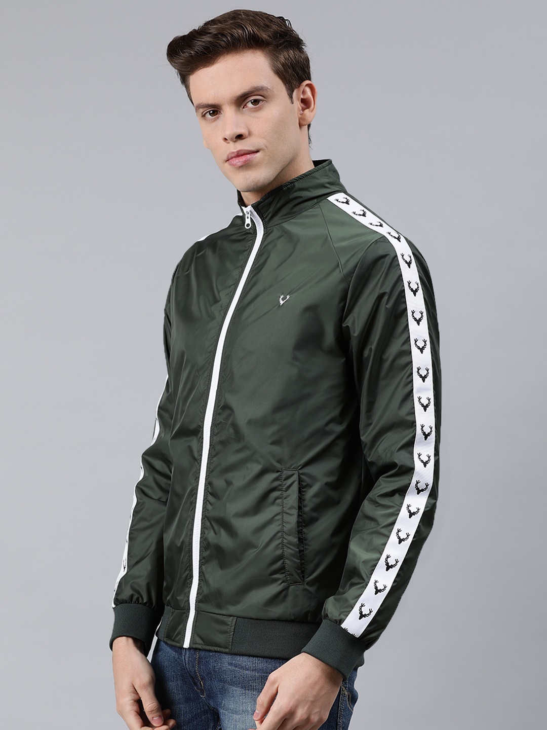 

Allen Solly Men Olive Green Solid Bomber Jacket with Side Taping
