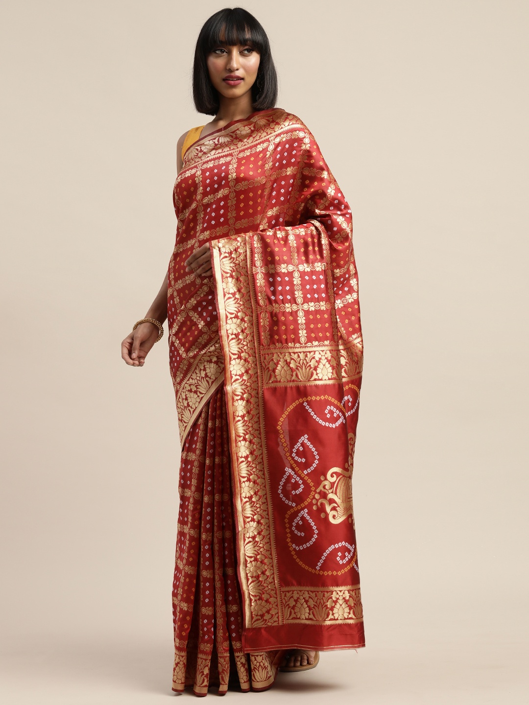 

Mitera Red & Gold-Toned Silk Cotton Printed Banarasi Saree