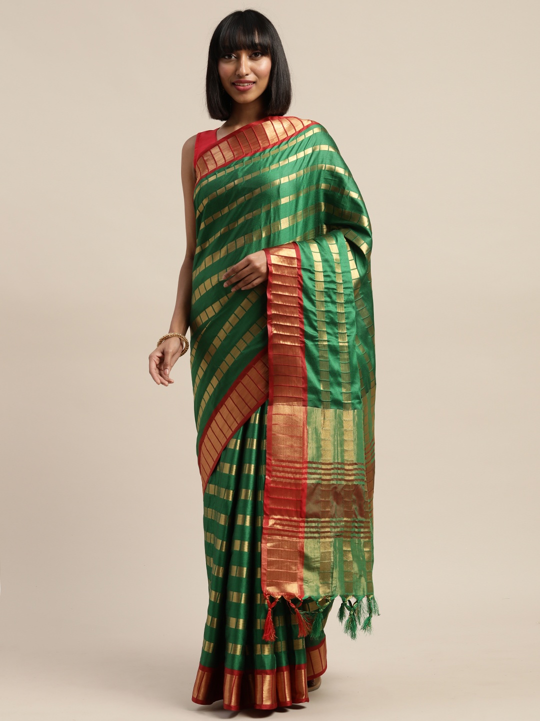 

KALINI Green & Gold-Toned Poly Silk Striped Saree