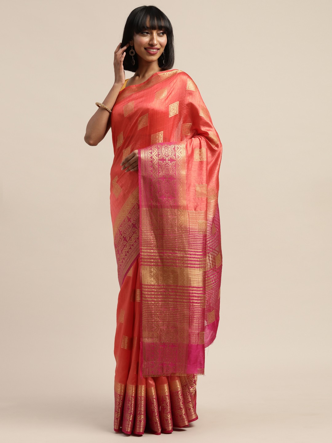 

KALINI Orange & Gold-Toned Pure Silk Woven Design Banarasi Saree